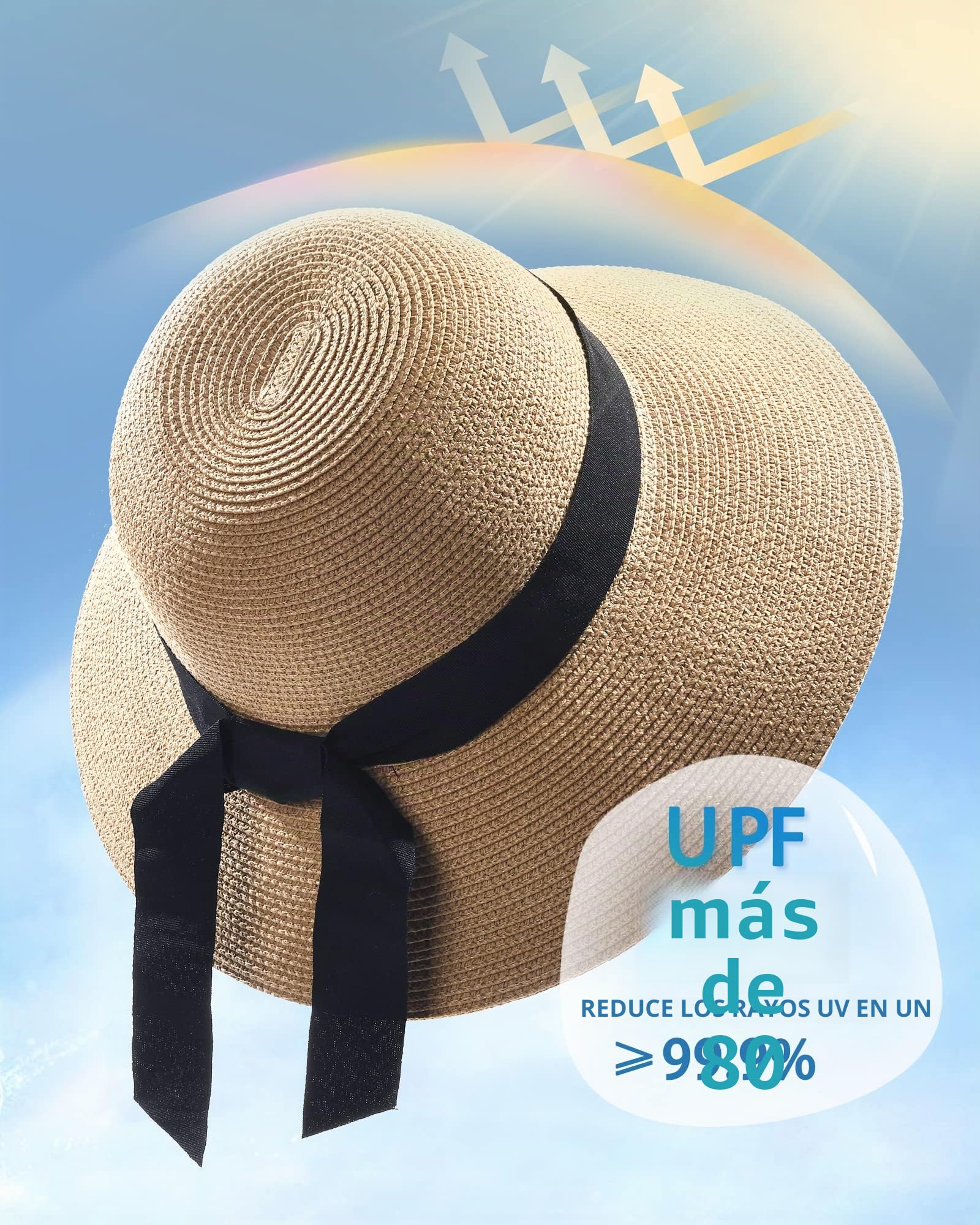 FURTALK Sombrero de Playa de Paja de ala Ancha UPF 50+ para Mujer