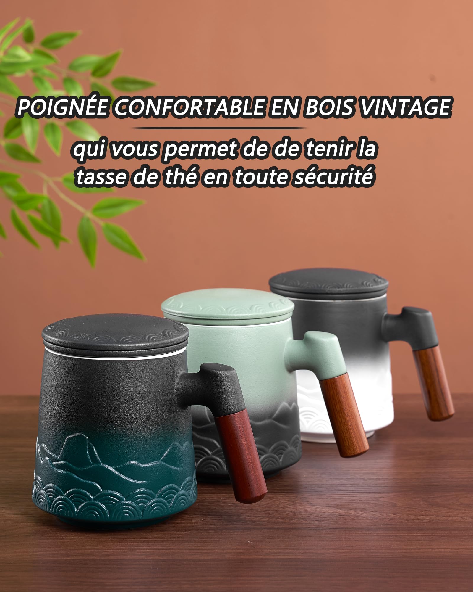 ZENS Taza de té con infusor y tapa, 500 ml - Taza de cerámica con relieve para té de hojas, mango de madera - Taza con filtro para amantes del té, blanco y negro