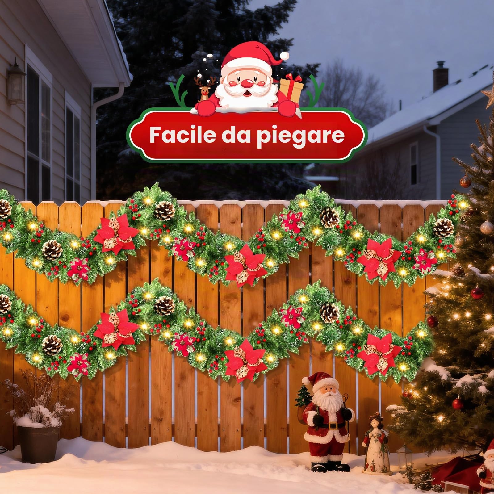 JTSIOV Ghirlanda Natalizia, 2,7 Metri con 30 LED, a Batteria, Impermeabile IP65, con Timer, per Interni ed Esterni, Ideale per Scale, Caminetto e Porta d'Ingresso