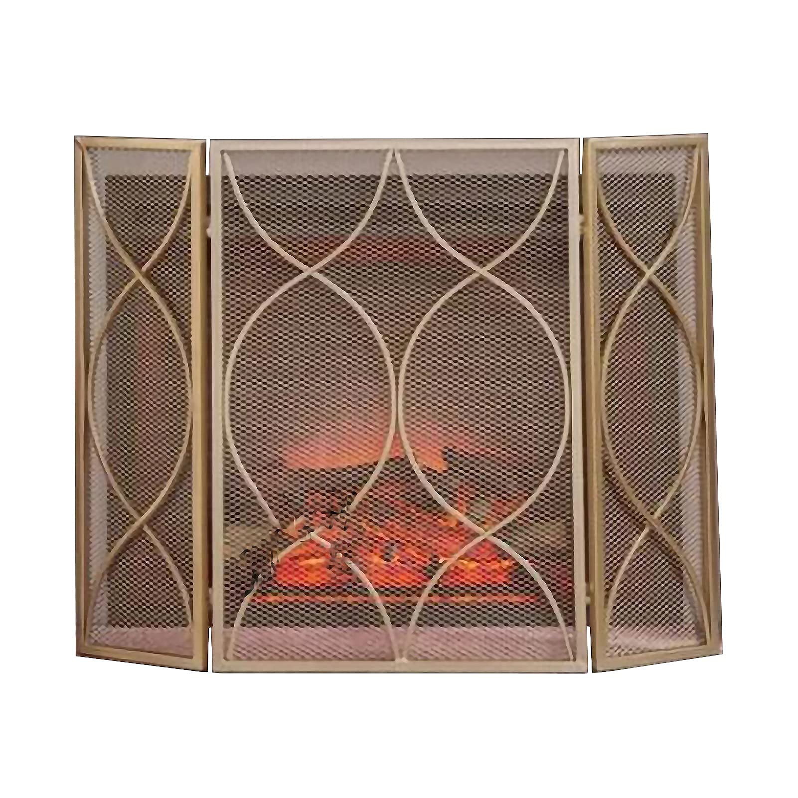 Vieux Pare-feu Métal Doré 3 Panneaux Pliable Motif Noël – Style Rétro, 53cm De Haut