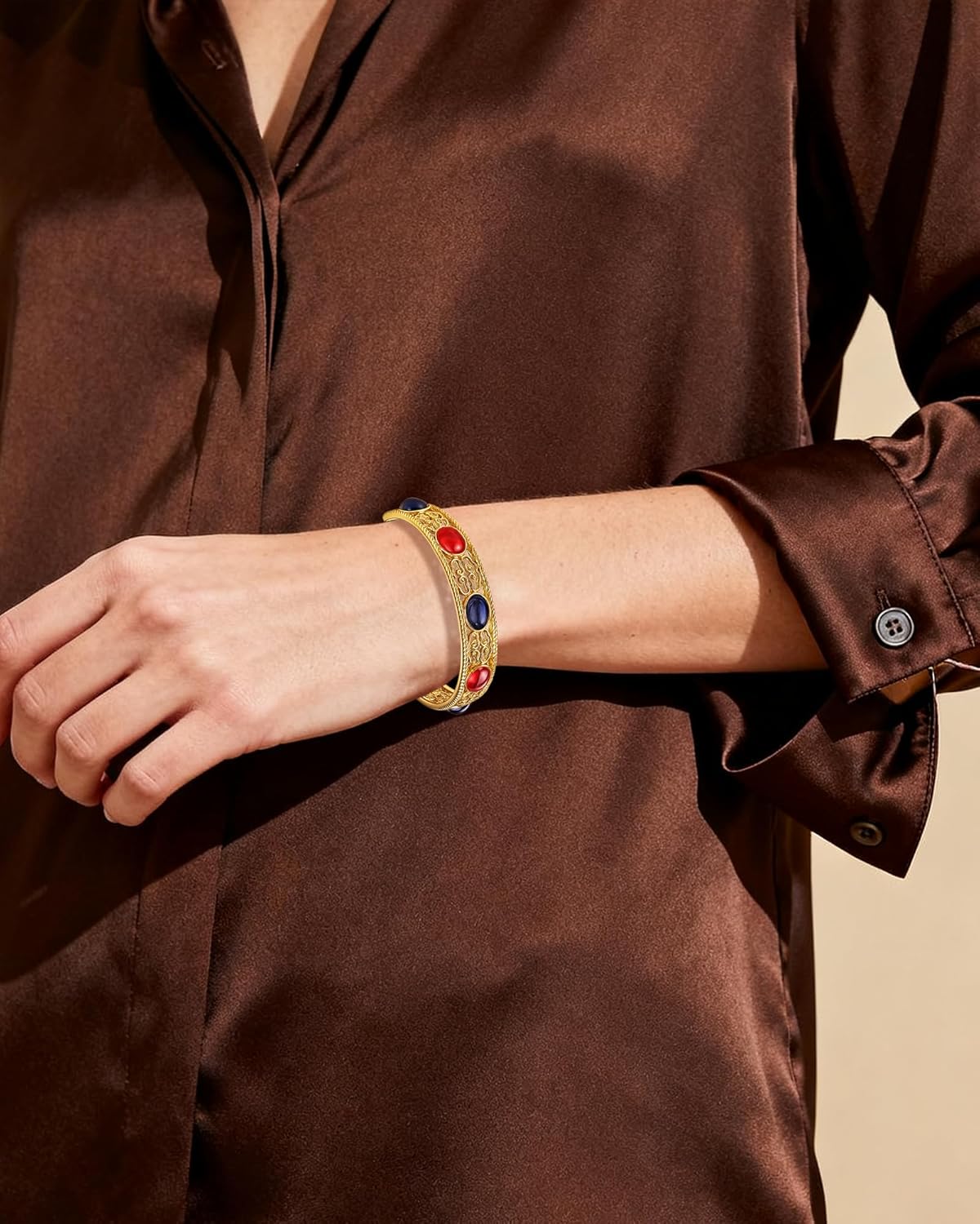 Bohemian 18K Plated Gold Bracelet for Women, Open Bangle with Blue and Pink Crystal Accents, Vintage Court Style Jewelry - Image 5