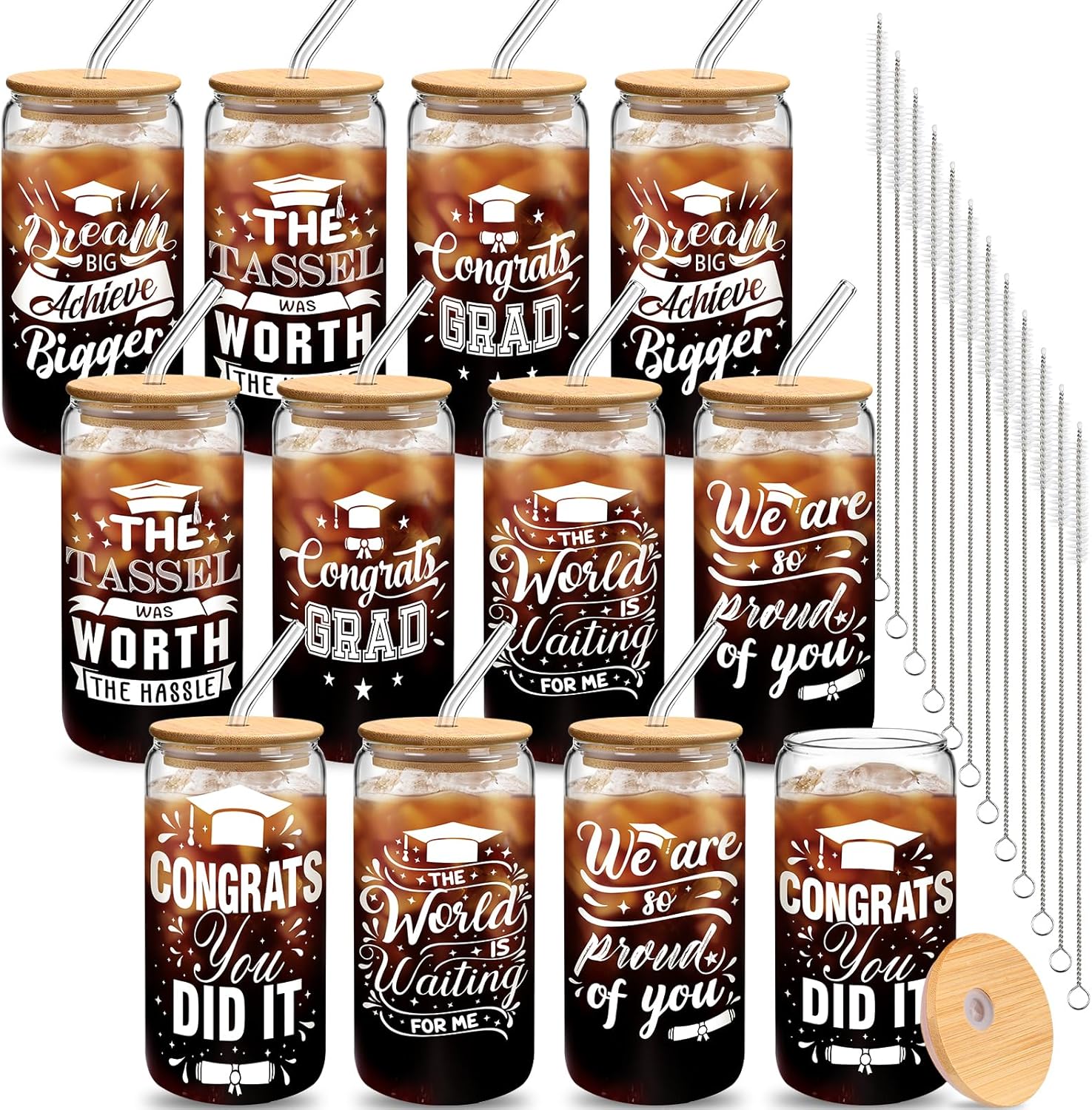 12 Set Graduation Gifts for Her Him Graduation Drinking Glass Cups the Tassel Was Worth the Hassle 16 oz Glass Cup with Lid Straw for Women Men College High School Master Degree (White)