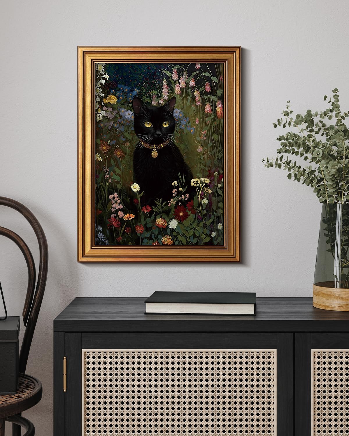 Vintage Gold Frame Black Cat in Garden 12x16 Wall Art, Botanical Wildflowers Floral Oil Painting Framed Canvas Print, Flowers Halloween Dark Gothic Bedroom Cottagecore Bathroom Decor