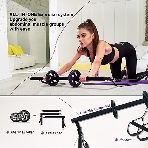 Miniatura 4 de HOTSWEAT Kit de barra de pilates con bandas de resistencia. Rodillo de abdominales para entrenamiento de abdominales. Equipo de fitness portátil en