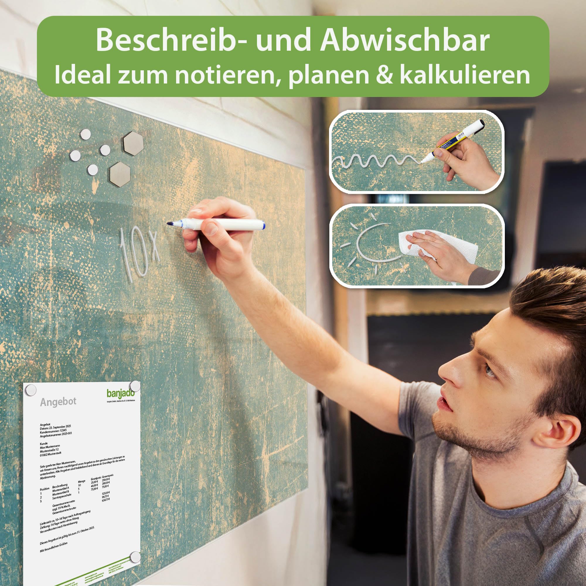 banjado Glas-Magnetboard in 120x80cm für Notizen mit abstraktem Muster