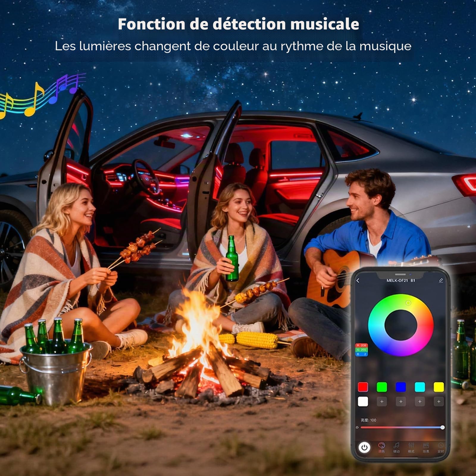 6 in 1 Acrylique Voiture LED Intérieure Éclairage, 168 LEDs RGB Ambiance Lumière, App + Télécommande Contrôle Contrôlable, Multicolore Ambiance Lumière