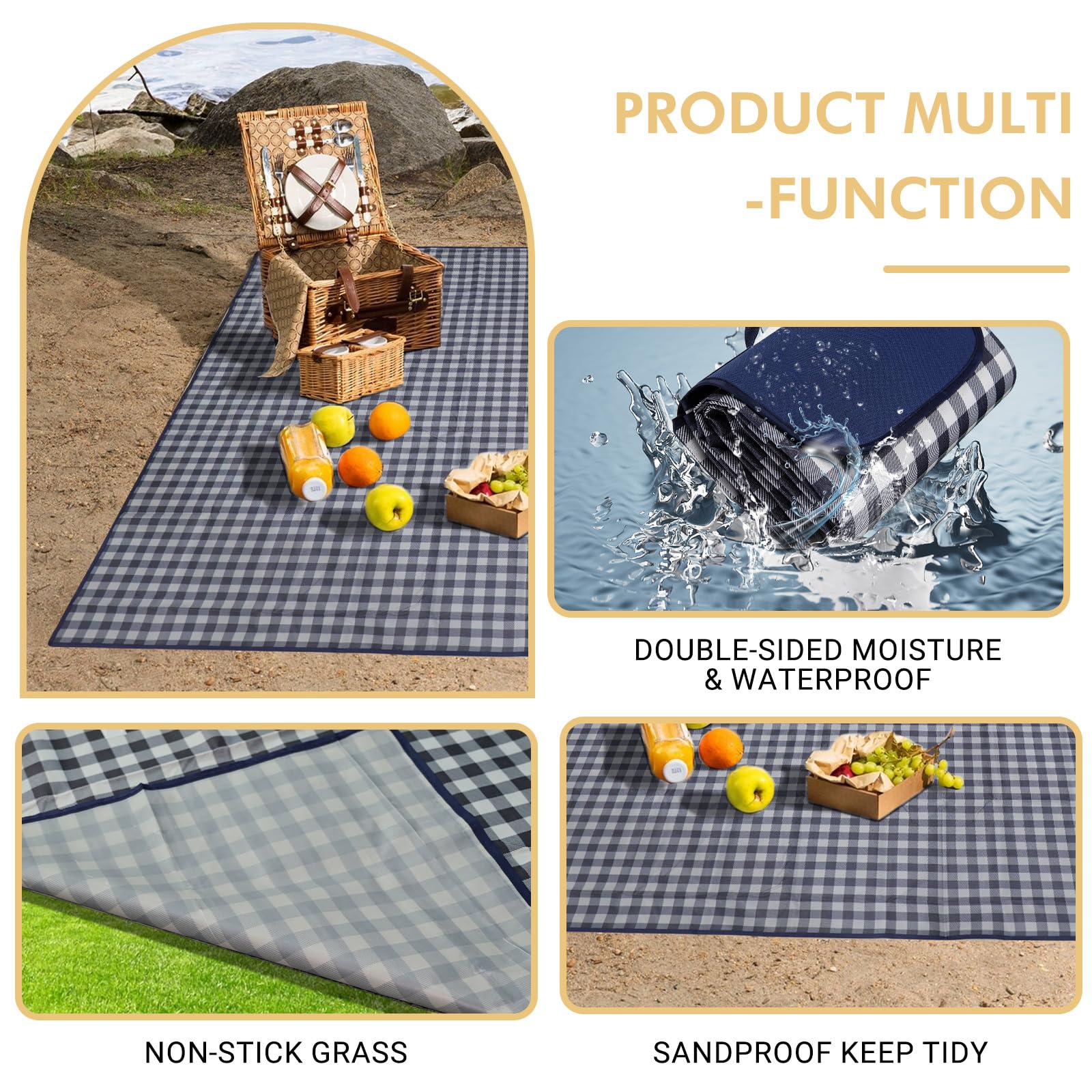 Couverture de pique-nique imperméable et portable extra large, tapis d'extérieur pliable et anti-sable pour la plage, le camping, les fêtes sur l'herbe, la randonnée, les voyages – Grande