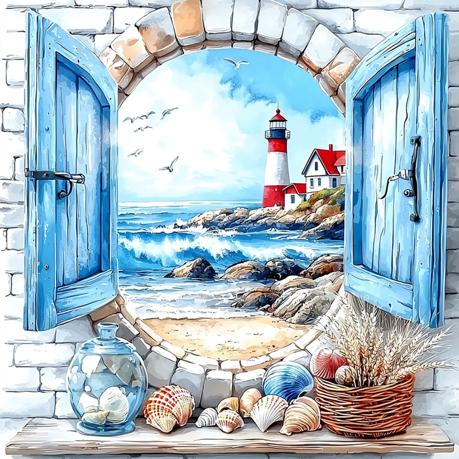 MAXBYE Seaside Town Diamond Painting Art Kits Adults, DIY Lighthouse Round Diamond Art Full Drill Kits, 5D Gem Cross Stitch Easy Kits for Beginner Crystal Art Crafts Home Wall Decor 12x12 Inch
