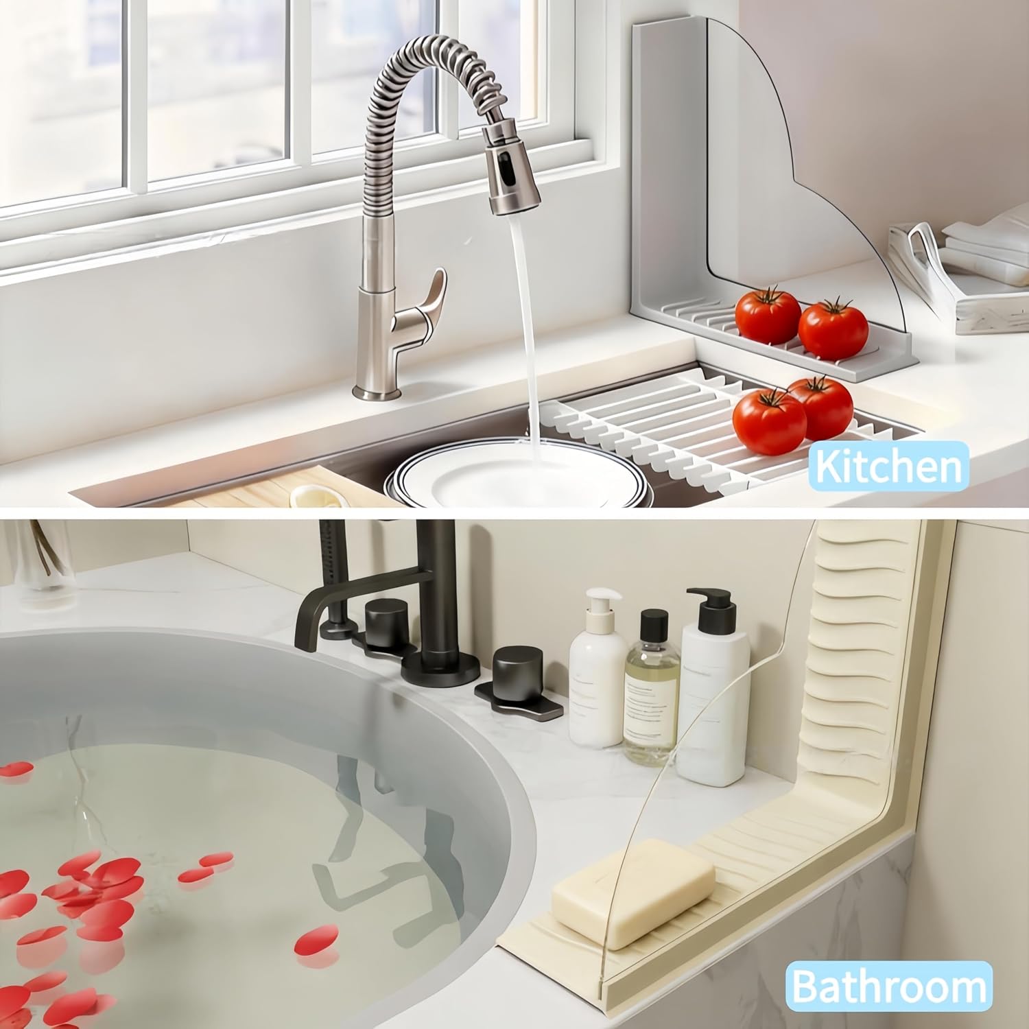2 Pack Silicone Bathtub Splash Guards with Suction Cups, No-Adhesive Shower Corner Splash Guard, Reusable Water Blocker for Tub & Walk-in Shower Corners, Keeps Floor Drier (Grey)