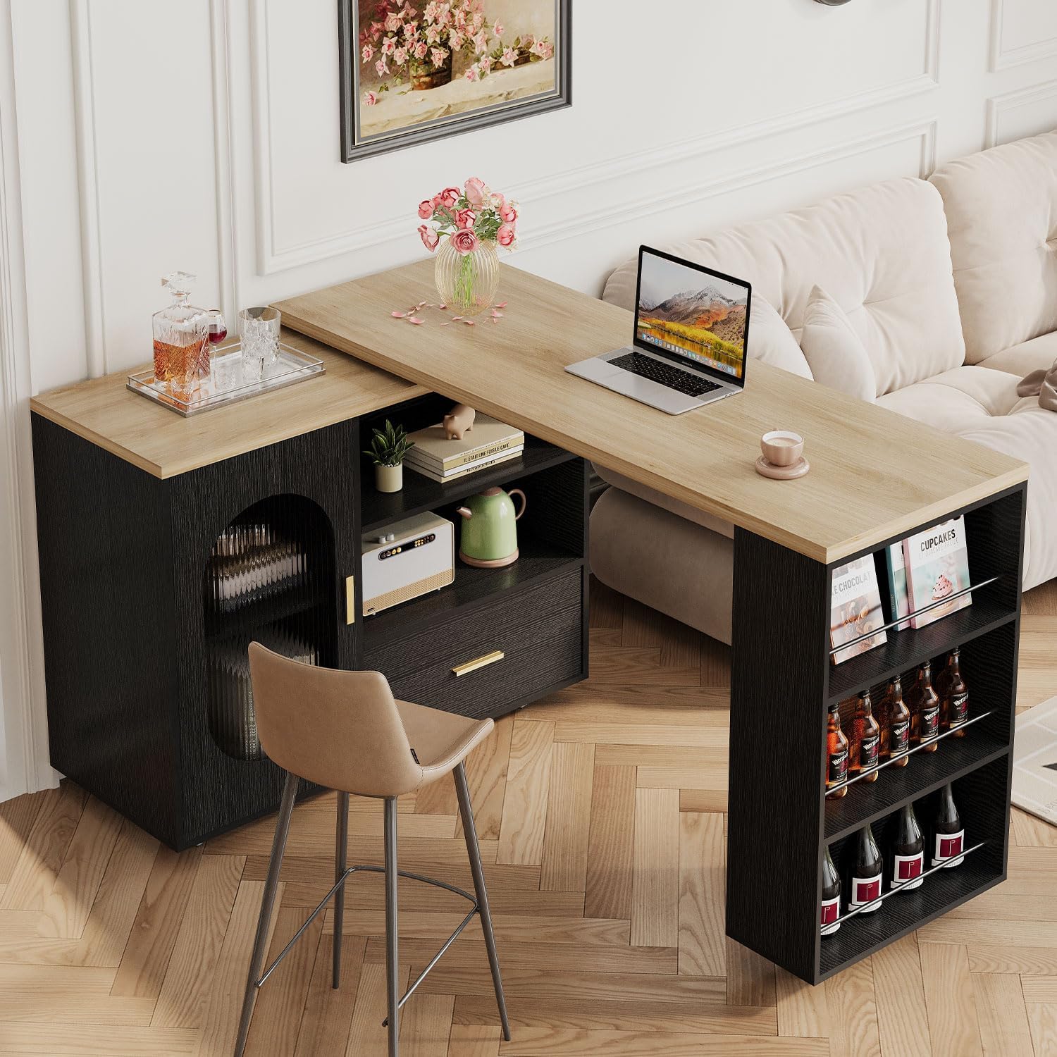 HSH 72" Rolling Kitchen Island with Seating, 360° Swivel Table, Kitchen Island with Storage Cabinet, Drawer & Shelves, Farmhouse Mobile Island Cart on Wheels for Dining Room & Home Bar, Black Oak Light Oak and Black