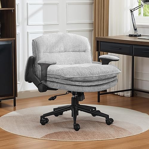Miniatura 1 de Silla cruzada con brazos abatibles, silla ancha con patas cruzadas con cojín de 3 capas, silla ergonómica de escritorio de oficina con ruedas, silla