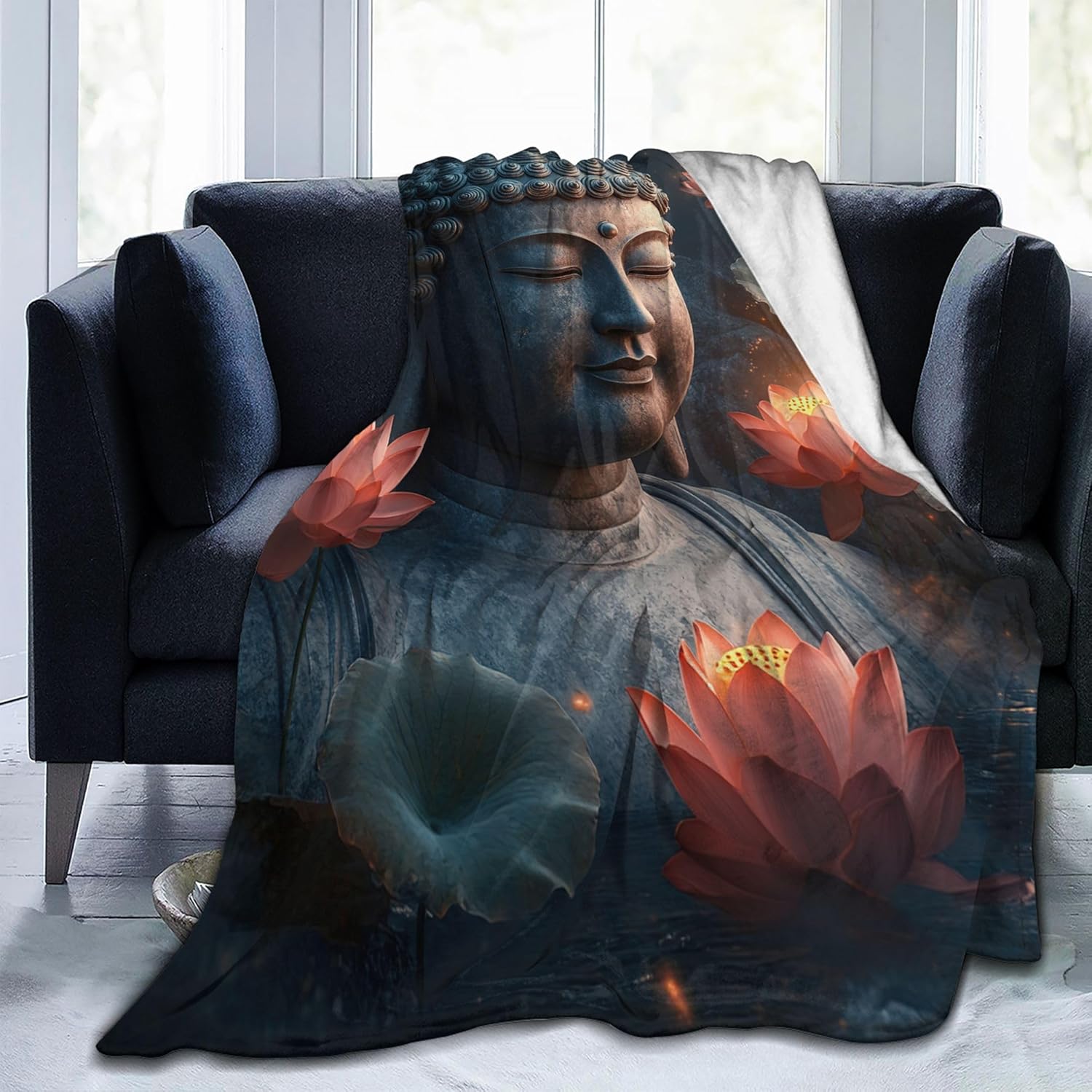Buddha Throw Blanket Buddhist Religion Soft Warm Cozy Meditation Zen Blankets Fuzzy Plush Fleece Buddhism Lotus Blanket for Couch Bed Sofa Home Decor 50''X60''