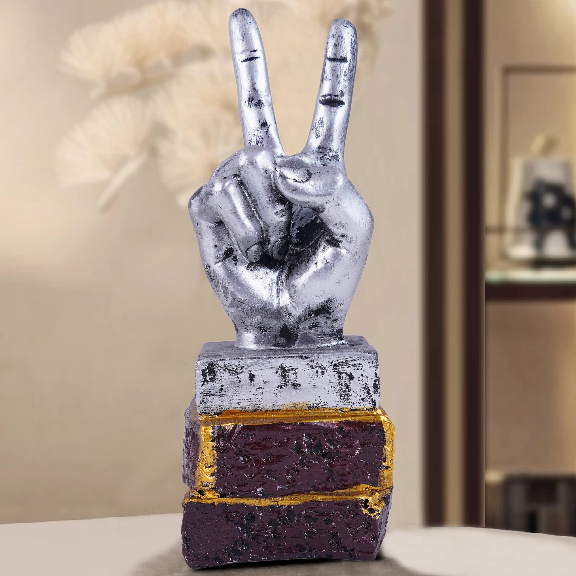 zart Resin Hand Gesture Decorative Victory Sign Showpiece Collectible Figurines For Home Décor Showpiece (Polyresin, Silver)., 3 Inch