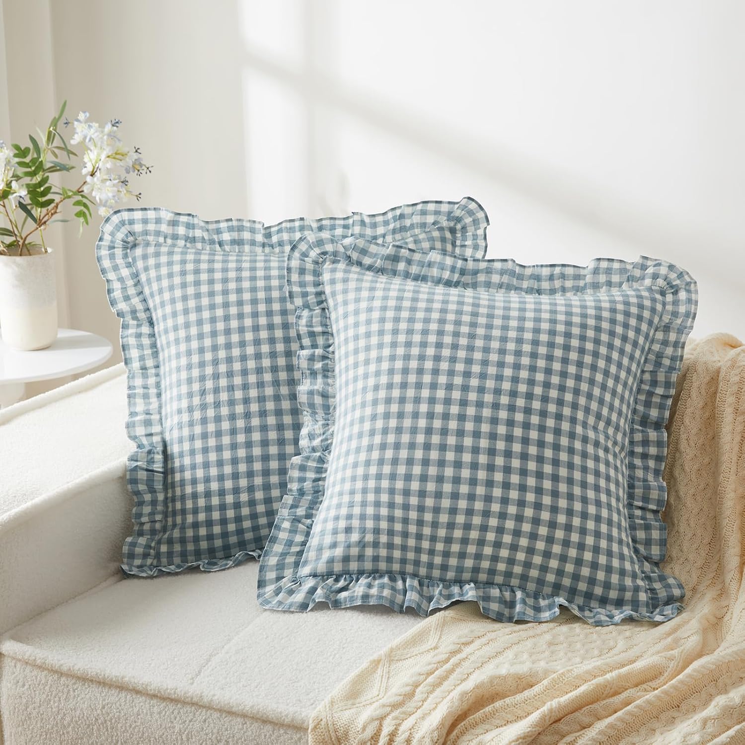 KKJIAF Ruffle Plaid Euro Sham Pillow Covers 20 x 20 Inches, Cotton Gingham Pillow Cases Set of 2, Linen Feel Ruffled Plaid Pillow Shams with Envelope Closure for Sofa Bed (Dusty Blue Plaid)