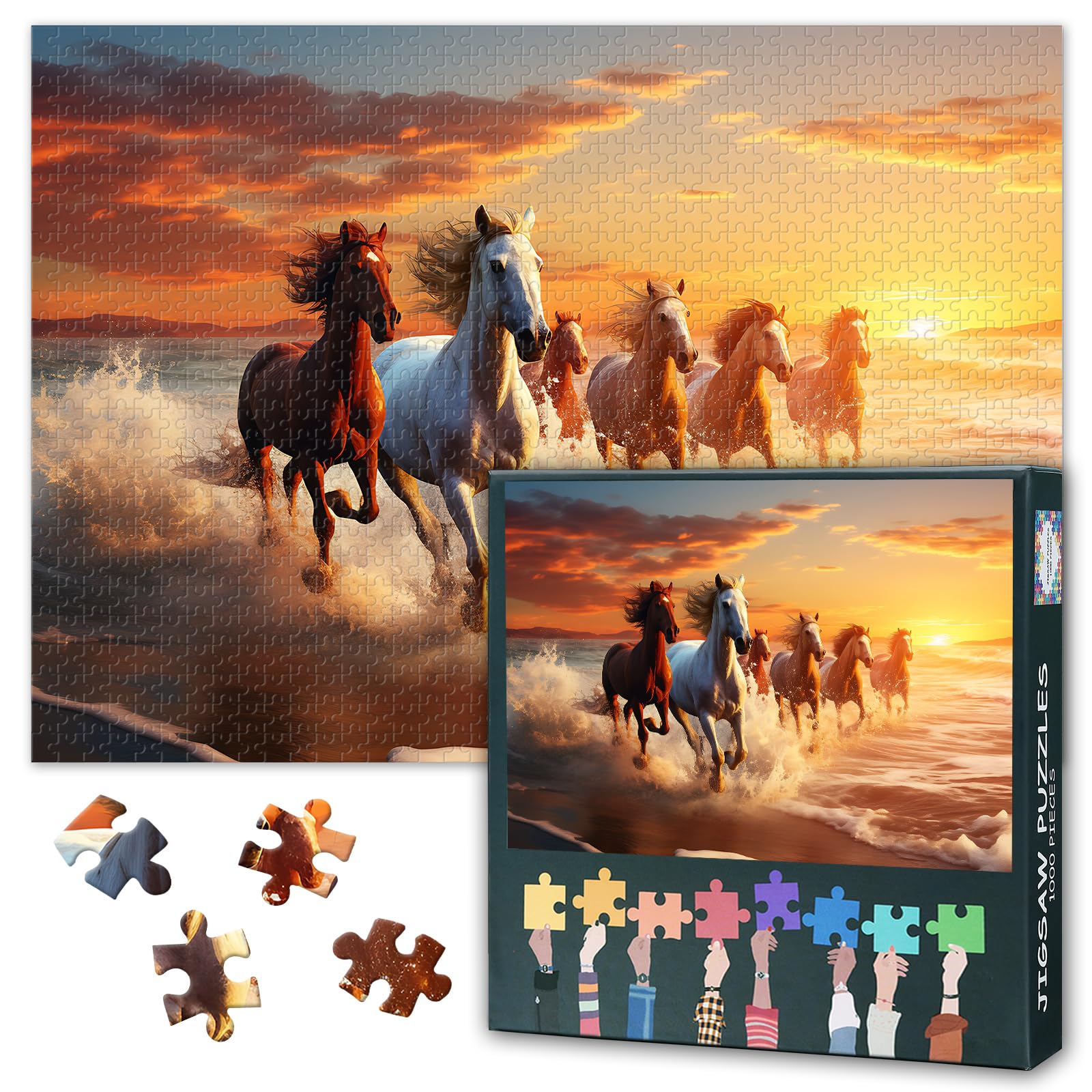 1000 Piece Jigsaw Puzzle for Adults White Horses Running on Beach at Sunset Coastal Wildlife Scene Equine Art Nature Themed Puzzle for Relaxation and Stress Relief 27.5x19.7 Inch — image 1