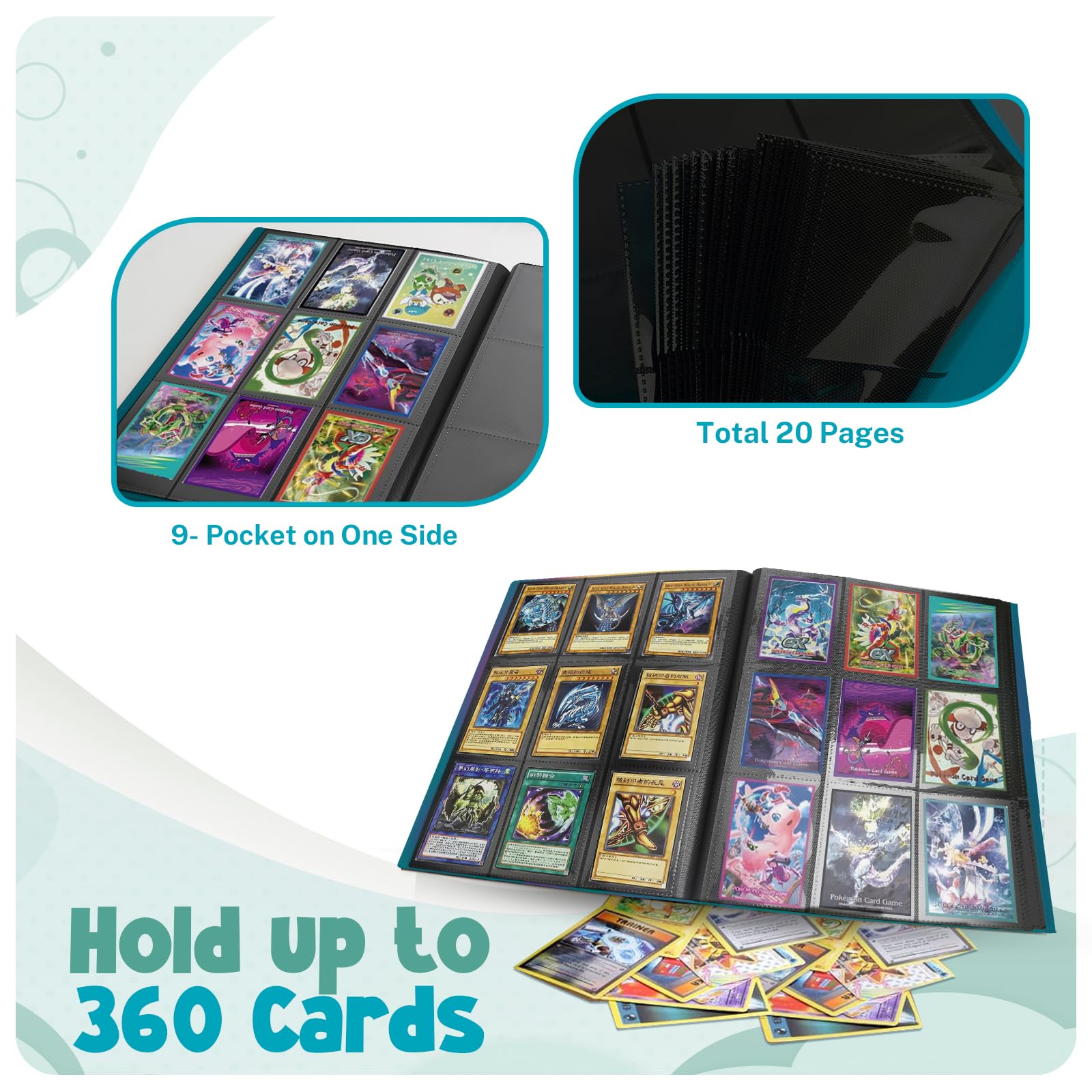 Segregator na karty, 9-kieszeniowy album na karty kolekcjonerskie, 20 stron, pojemność 360 kart, segregatory na karty premium, kompatybilne z MTG, TCG, karty baseballowe (zielony malachit)