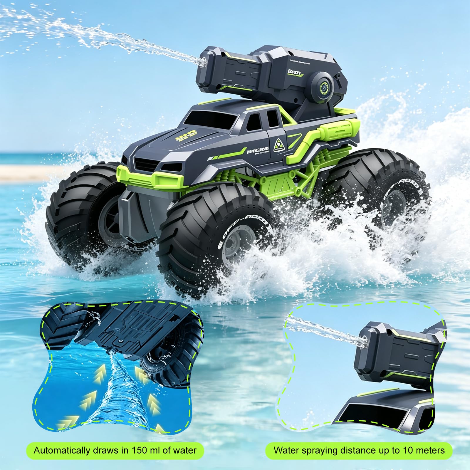 Coche Anfibio Teledirigido con Pistola Agua, Coche RC 4x4 Anfibio Niño | Boat de Carreras Alta Velocidad, Baterías modulares, Impermeable y Anti-vuelco, Juguete de Agua Ideal para 6+ Niños y Niñas