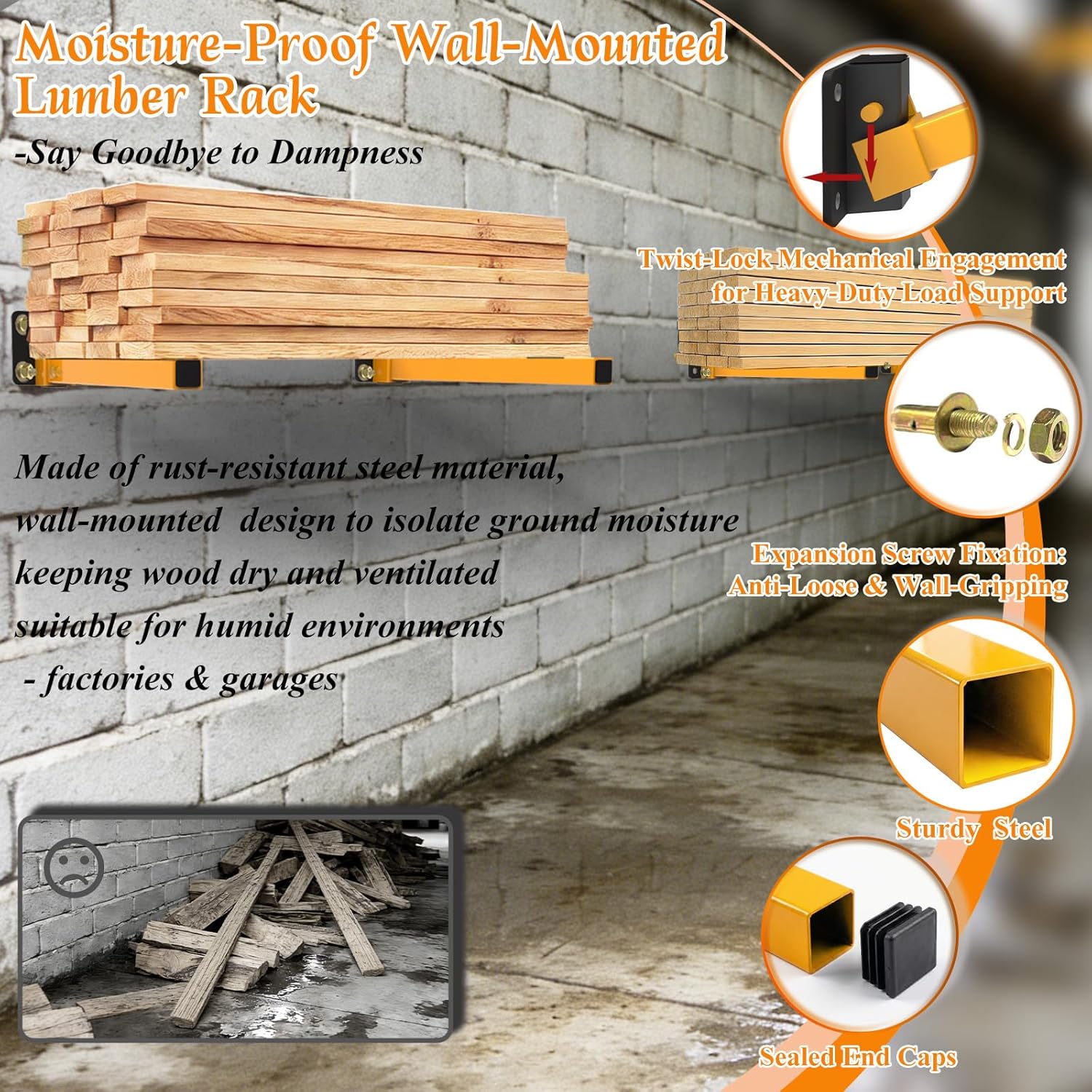 Lumber Storage Rack, Heavy Duty Wall Mount Wood Organizer Separate & Adjustable & Space-saving Wall Mount for Garage Shop, Indoor & Outdoor Use (Orange 4 PACK)