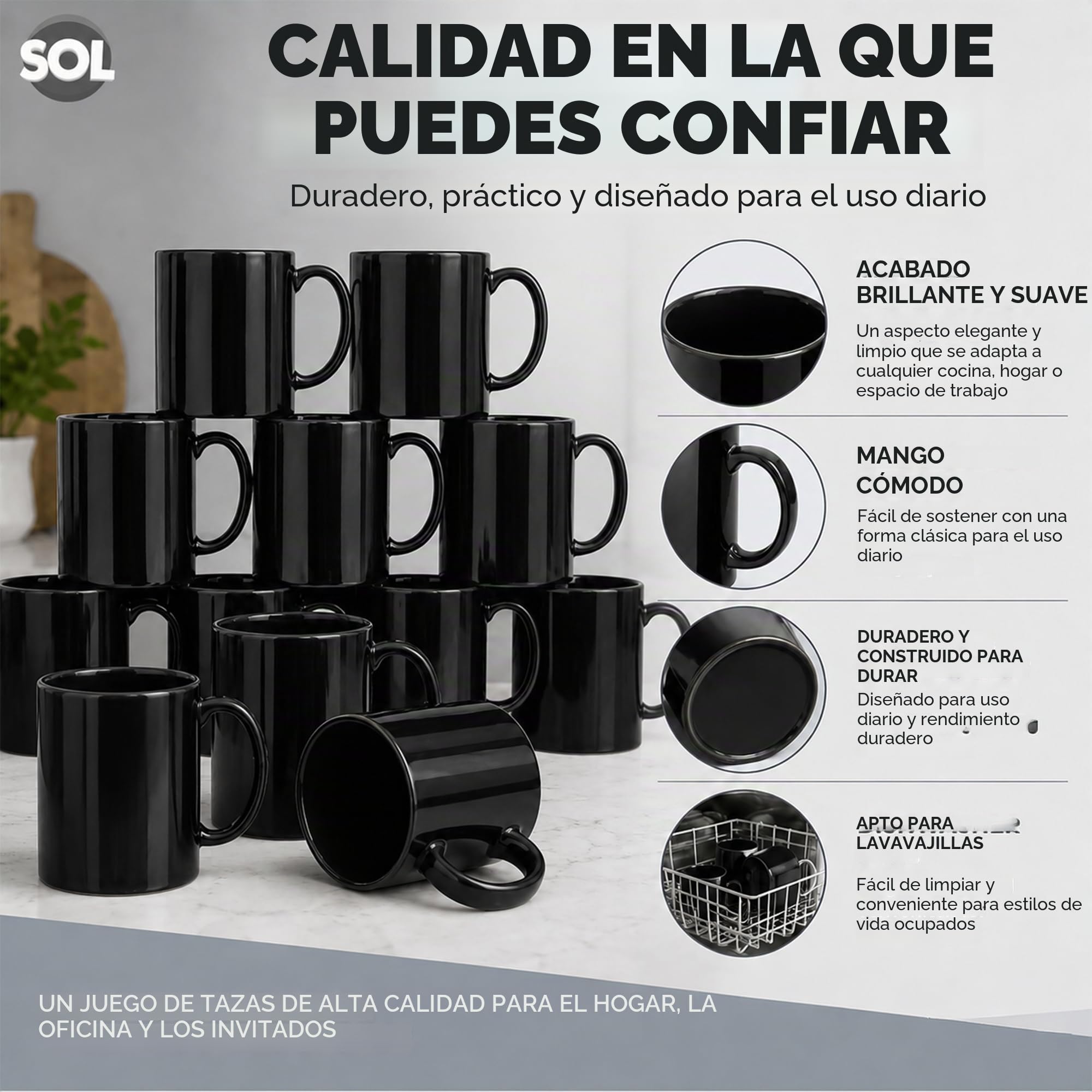 SOL Juego de 12 tazas de cerámica negras de 11 onzas para té y café, juego de vasos duraderos para el hogar, oficina, cafetería, restaurante, diseño apilable, apto para microondas y lavavajillas, apto