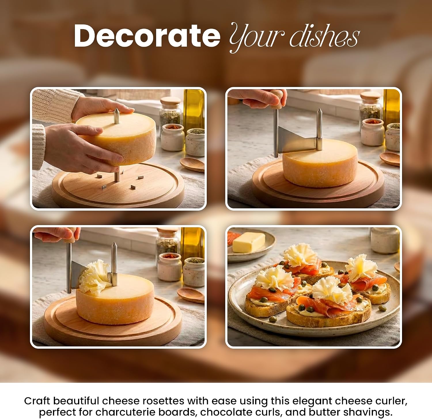 Girolle Cheese Curler Wheel for Tete de Moine, Cheese Slicer with Solid Wood Base and Stainless Steel Rotary Shaver, Cheese Curler Tool for Cheese Curls, Butter Curler, Chocolate Slicer