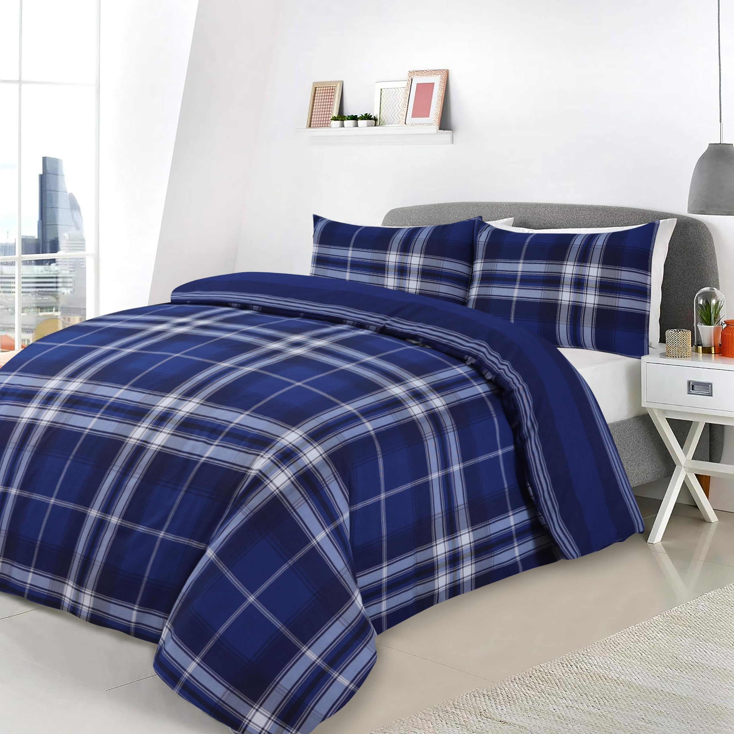 Charlotte Andersen Blue Navy Grey Highland Tartan Check Double Duvet Cover, Reversible Easy Care Poly Cotton Bedding Set With Pillowcases (, Double)