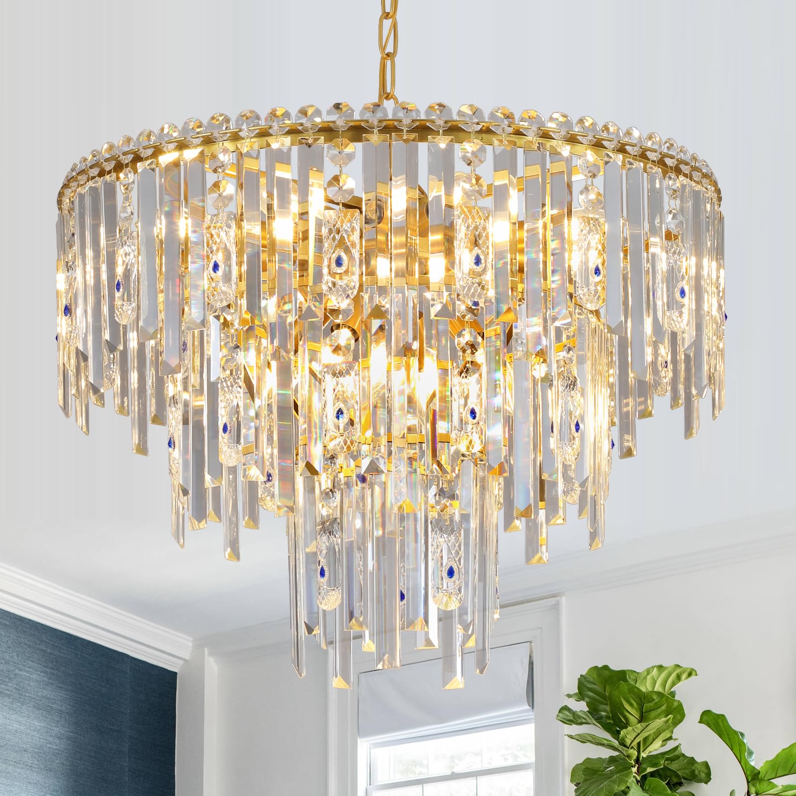 A AXILIXI Gold Crystal Chandeliers, 24” Modern Round Chandelier for ...