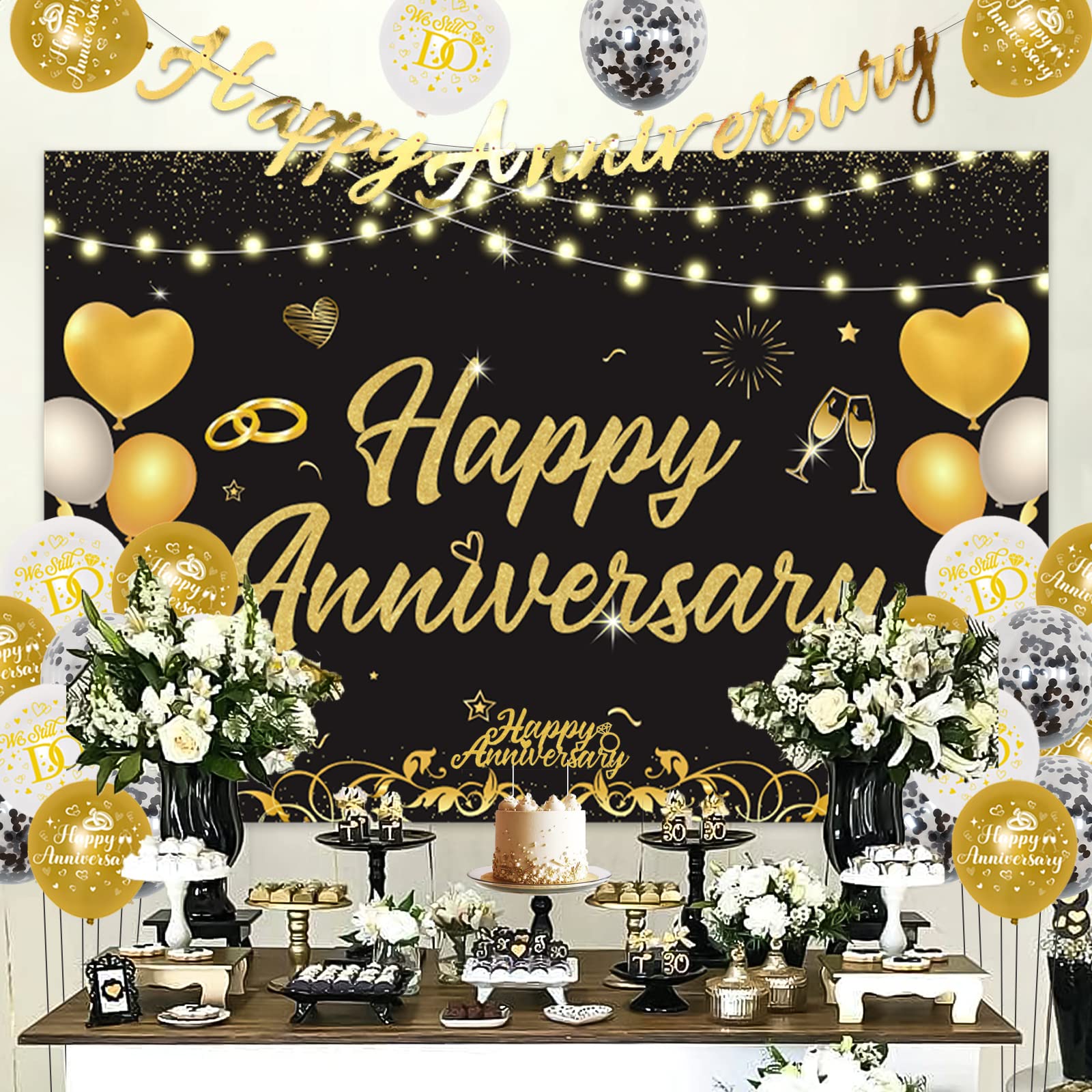 Sursurprise Happy Anniversary Decorations Black Gold, Happy Anniversary  Backdrop Banner, Cake Topper, Black Gold Anniversary Balloons, Wedding Anniversary  Party Supplies – BigaMart, image size:1600x1600