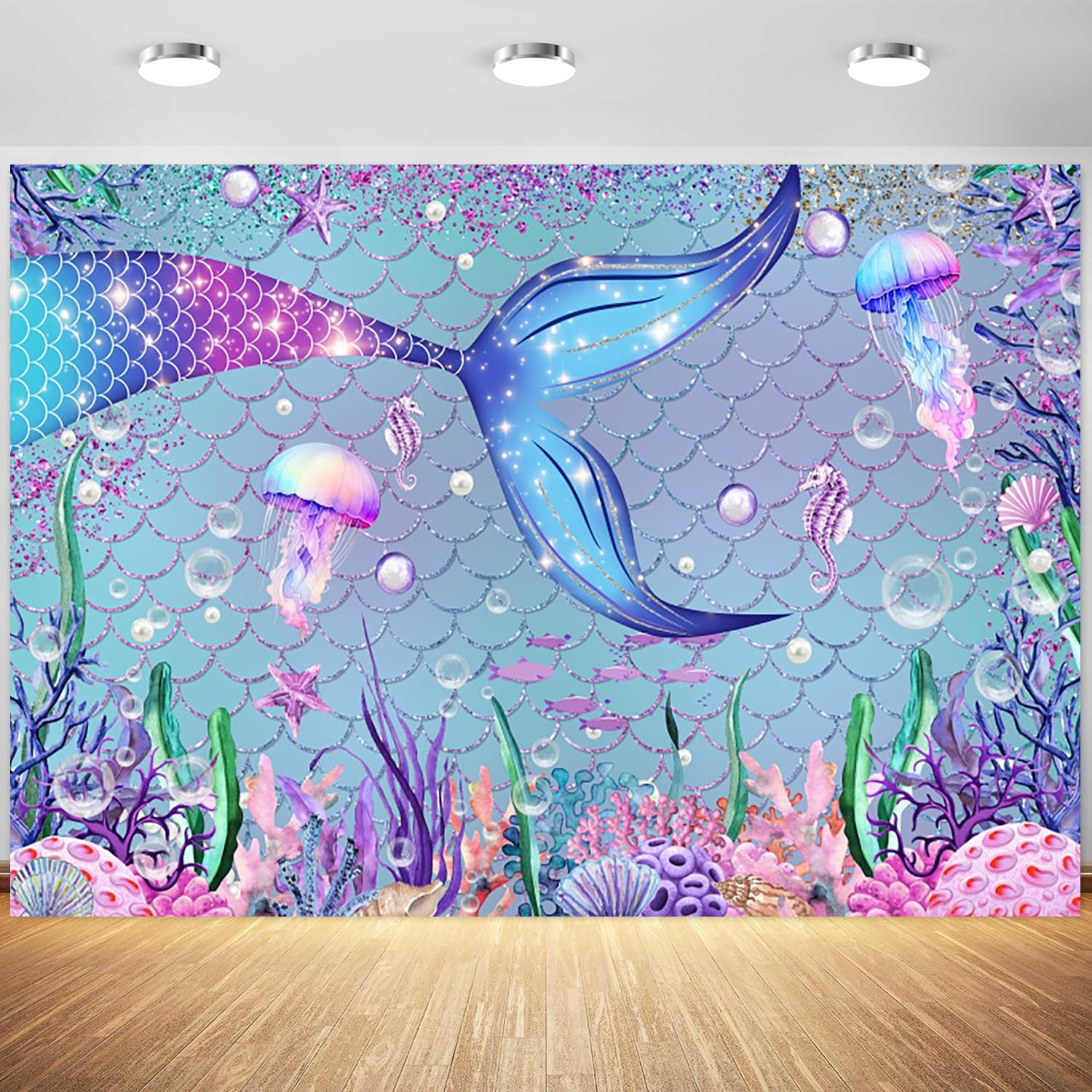 10x8ft Mermaid Backdrop for Girls Birthday Under The Sea Photography Background Purple Coral Scales Mermaid Party Banner Decoration Supplies Photo