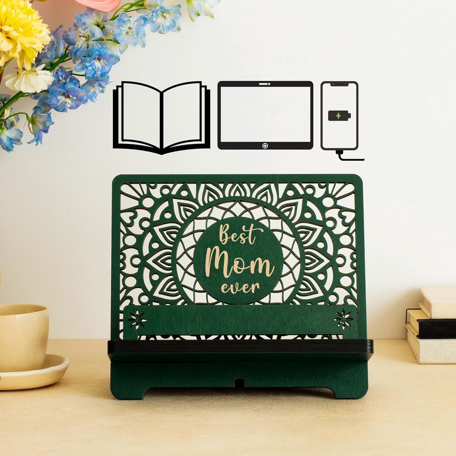 Personalized Book Stand for Reading, Cookbook Stand, Recipe Holder for Kitchen, Engraved Counter Organizer, Hands-Free Reading, Stand for Cooking, Portable Tablet & Phone Display - Green