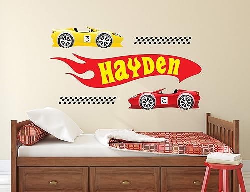 Calcomanía de pared personalizada con nombre de coche de carreras, calcomanías de pared de carreras, calcomanías de pared para guardería, mural de