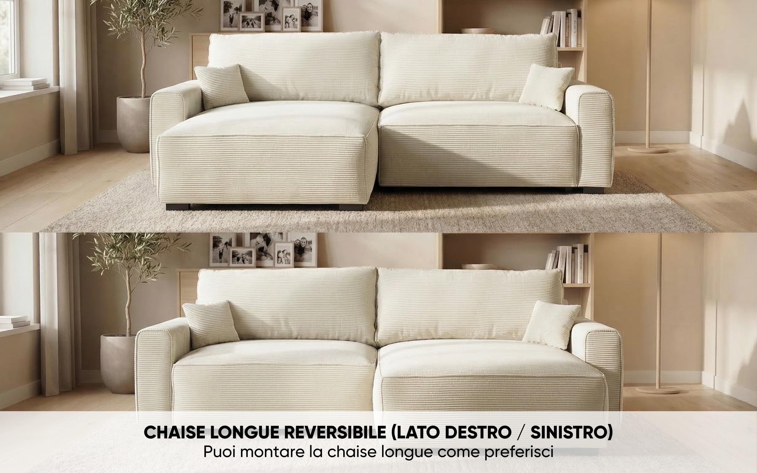 BUDWING Lauren Divano Letto 3 Posti – Chaise Longue Reversibile con Contenitore – Stile Moderno, Tessuto Resistente 380 g/m² – 269x158x96 cm – Beige