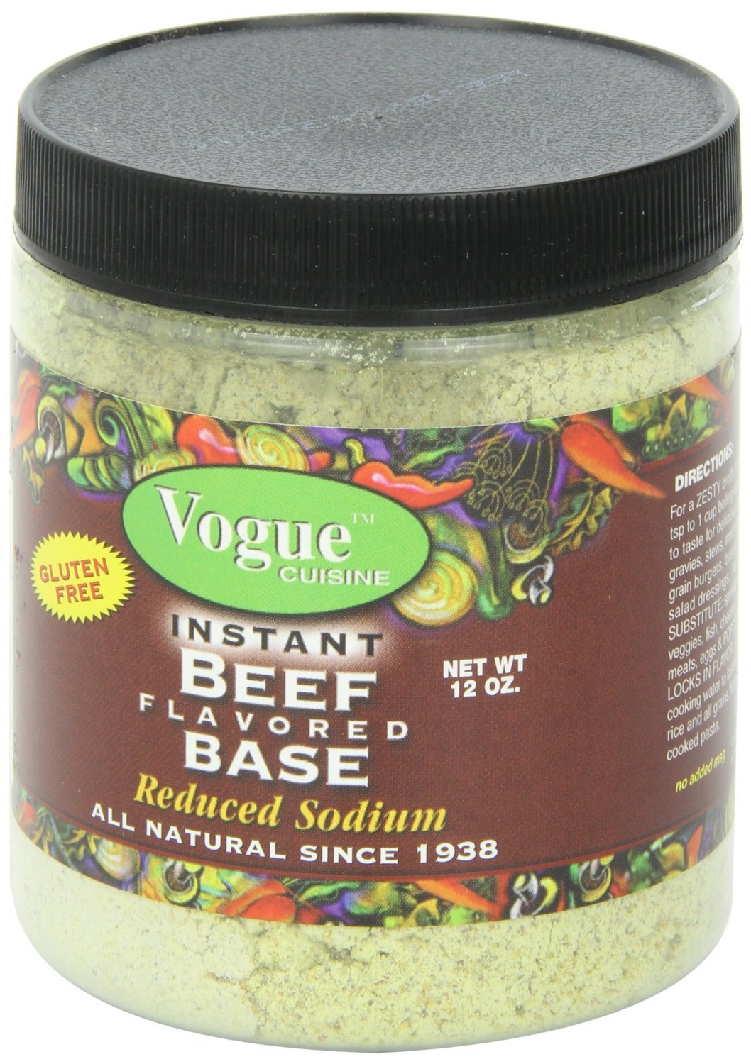 Vogue Cuisine Beef (Vegetarian Beef) Soup & Seasoning Base 12oz - Low Sodium, Gluten Free, All Natural Ingredients