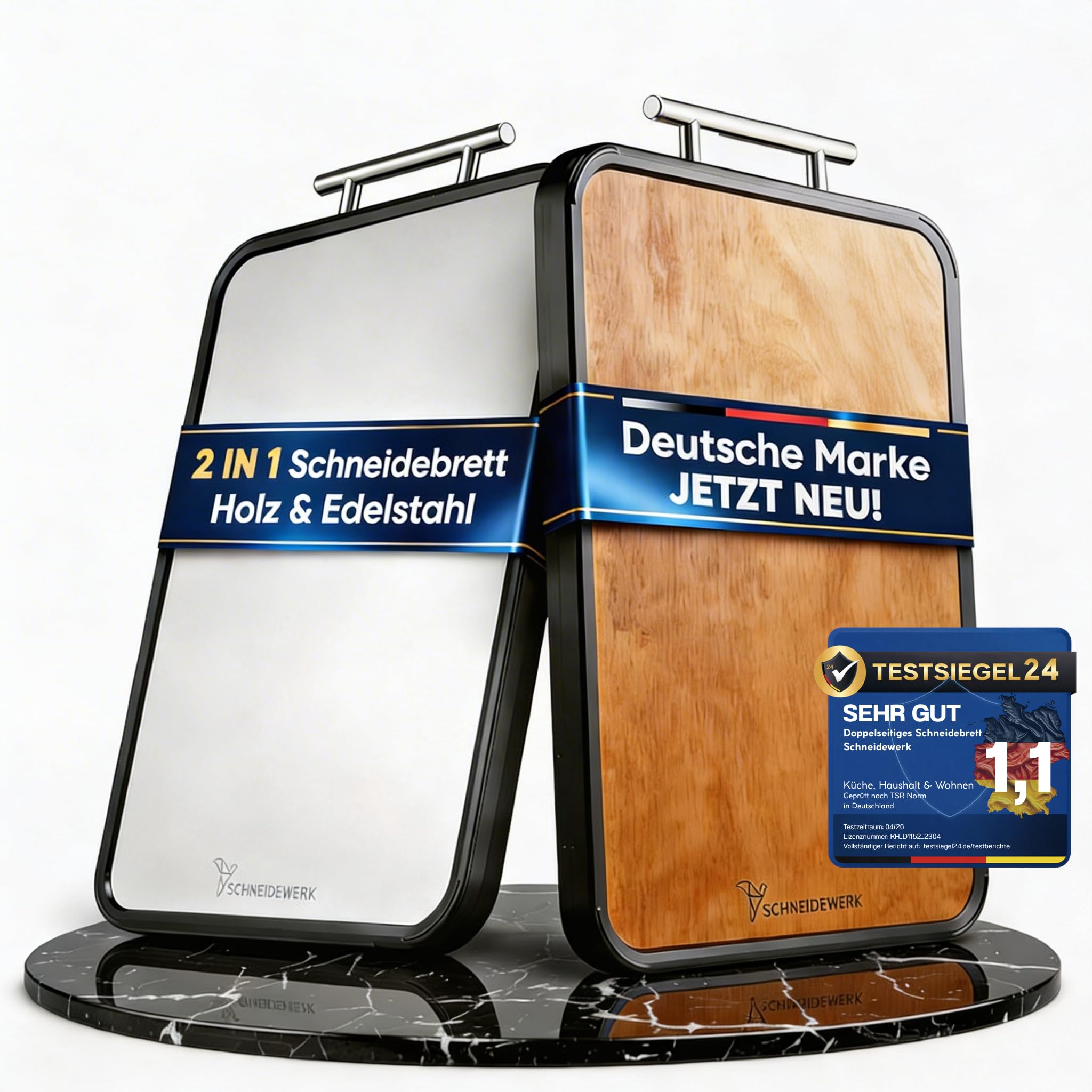 Doppelseitiges Schneidebrett Holz & Edelstahl – 2-in-1 Küchenbrett | Rutschfestes Cutting Board, Groß mit Saftrille & Anti-Slip-Rahmen | Schneidewerk