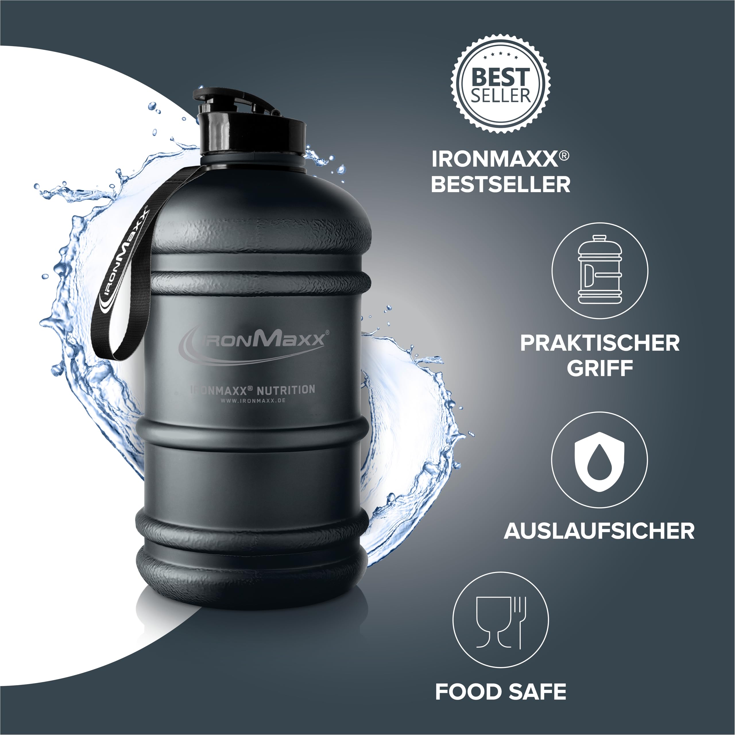 IronMaxx Water Gallon – Matt Deep Black 2200 ml | nie zawiera BPA i DEHP | szczelna butelka na napoje ze skalą pomiarową | dostępna w różnych kolorach