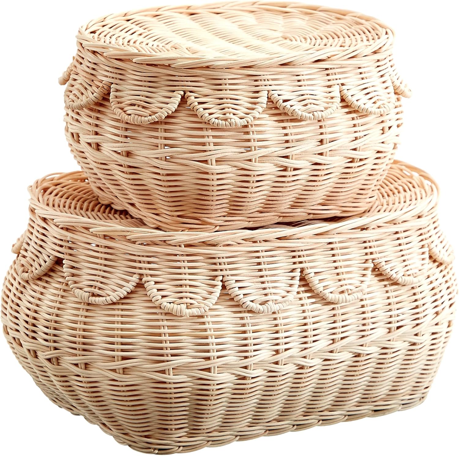 Small scalloped basket Set, Hand woven rattan basket with lid, scallop tray, Storage wicker baskets for gifts, diaper organizer baskets, 14.5x10x6 in(Natural)