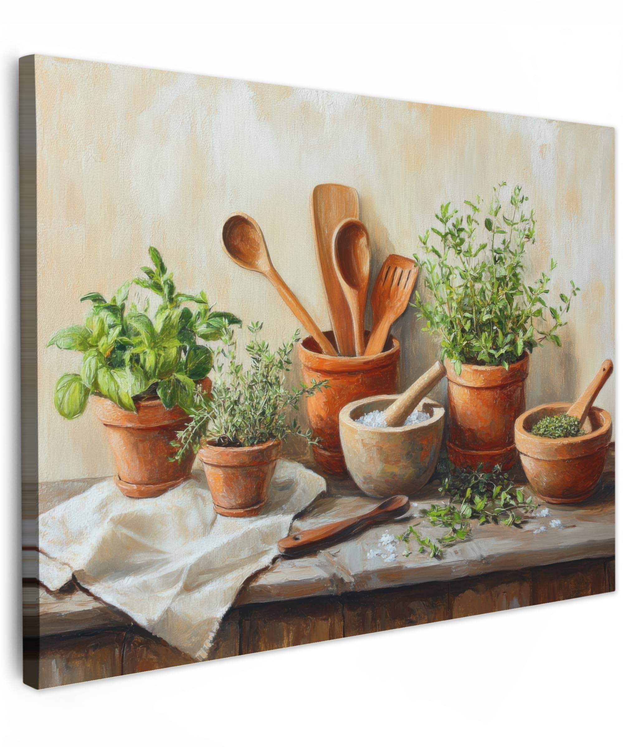 MuchoWow© Canvas Wall Art Work 31"x24" / 80x60 cm House Decoration for Living Room Home Decor Pictures Walls Pots - Herbs - Wood