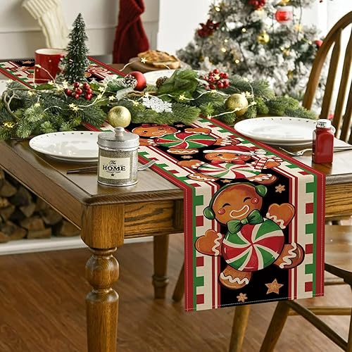 Miniatura 6 de Seliem Camino de mesa navideño de hombre de jengibre, caramelo de menta navideña, galletas, rayas rojas y verdes, decoración de mesa de comedor,