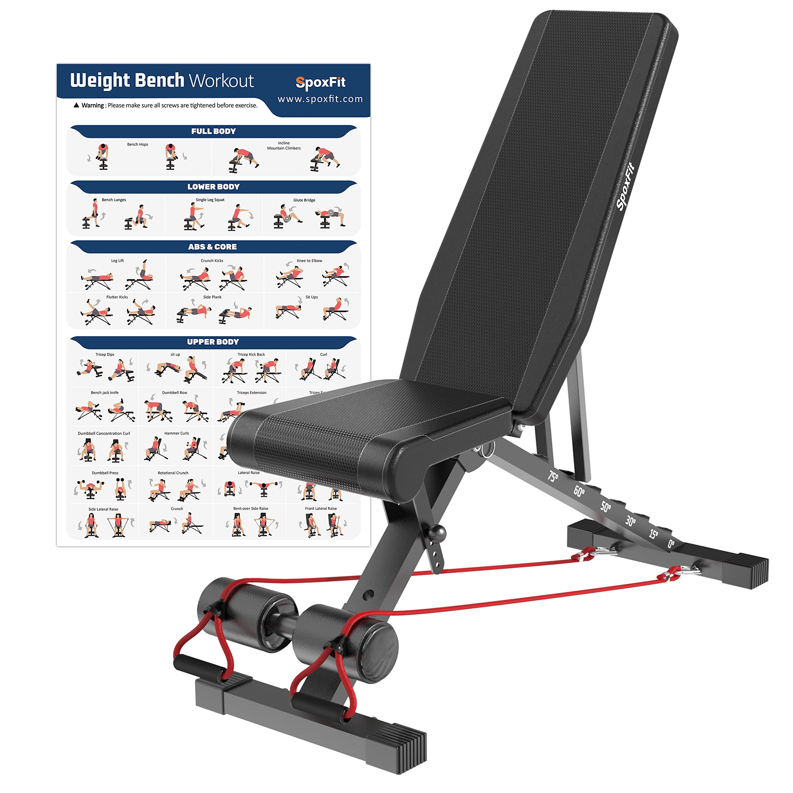 Adjustable Weight Bench, Full Body Workout Bench for Home Gym, Multi-Purpose Small Lightweight Bench with Workout Poster & Resistance Bands, Folding Weight Bench Super Easy Assembly