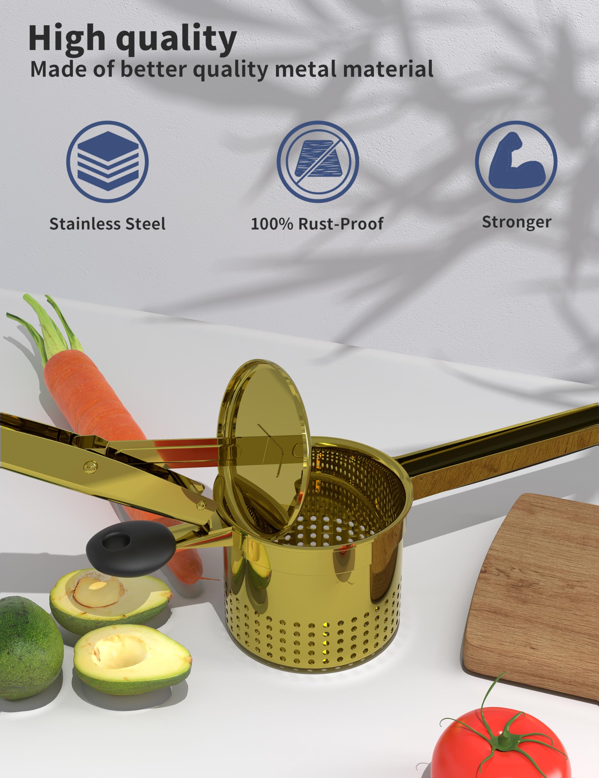 GloTika Große 425 ml Kartoffelpresse aus robustem Edelstahl für Kartoffelpüree, Süßkartoffelstampfer, Küchenwerkzeug mit ergonomischem Griff, Press- und Stampf-Küchenhelfer, Gold