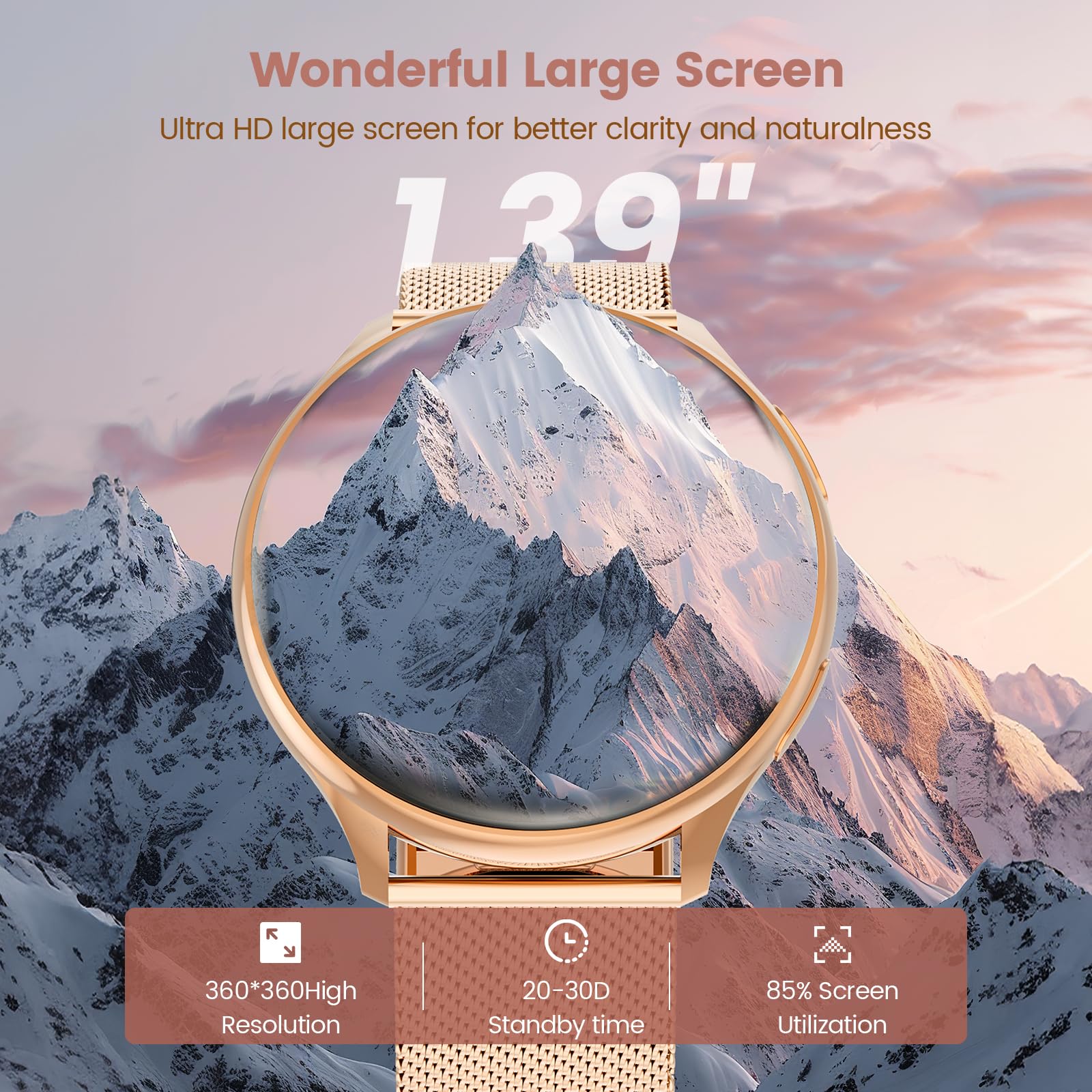 Loekneue Smartwatch Donna con Chiamate 1,39'' Orologio Touchscreen HD /SpO2/Ciclo Mestruale/Monitoraggio del Sonno/IP67Impermeabile/Fitness Pedometro/iOS Android Oro Rosa