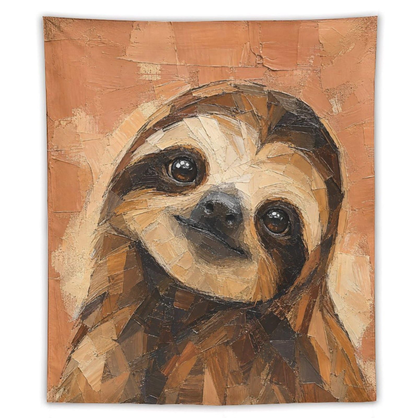 H3B8U2Y5 Sloth Portrait Wall Tapestry, Folk Art Style, Geometric Art