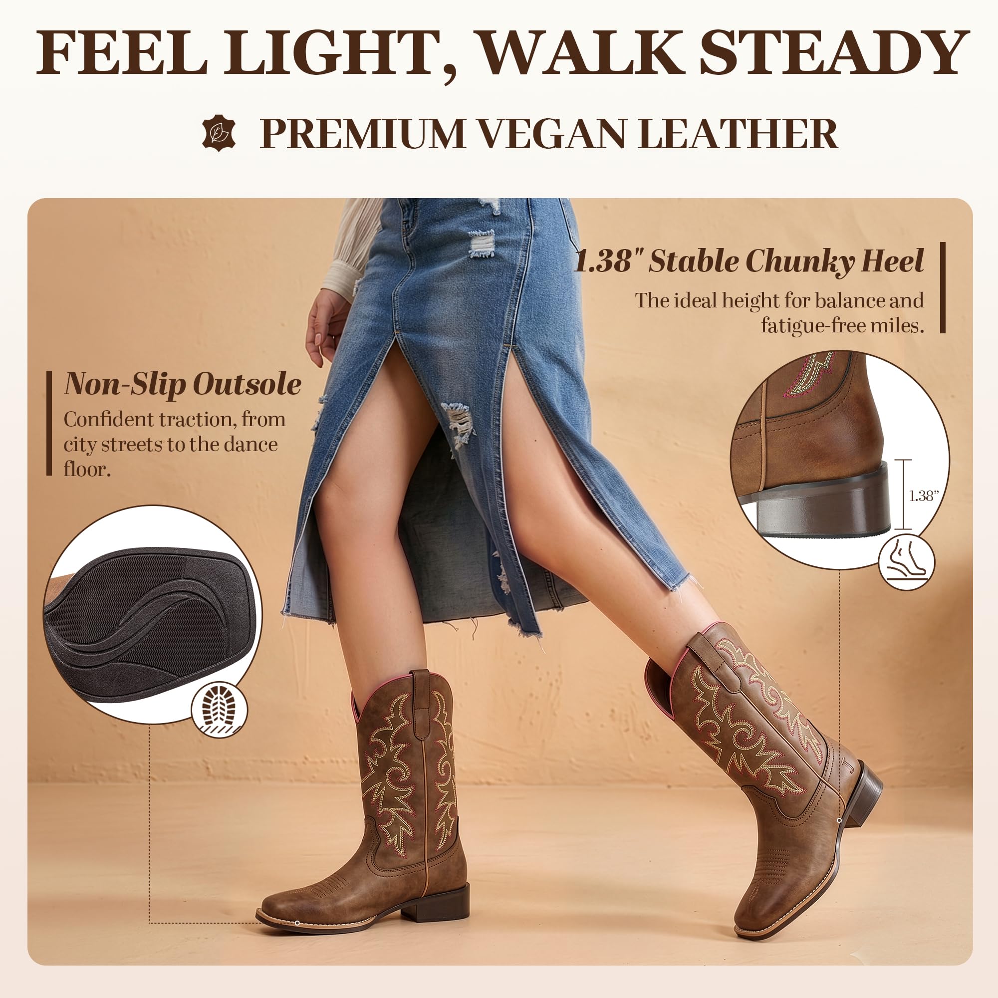 J's.o.l.e Stivali da cowboy da donna, stile western, metà largo, punta quadrata, stivali da cowgirl, per equitazione, scarpe ricamate