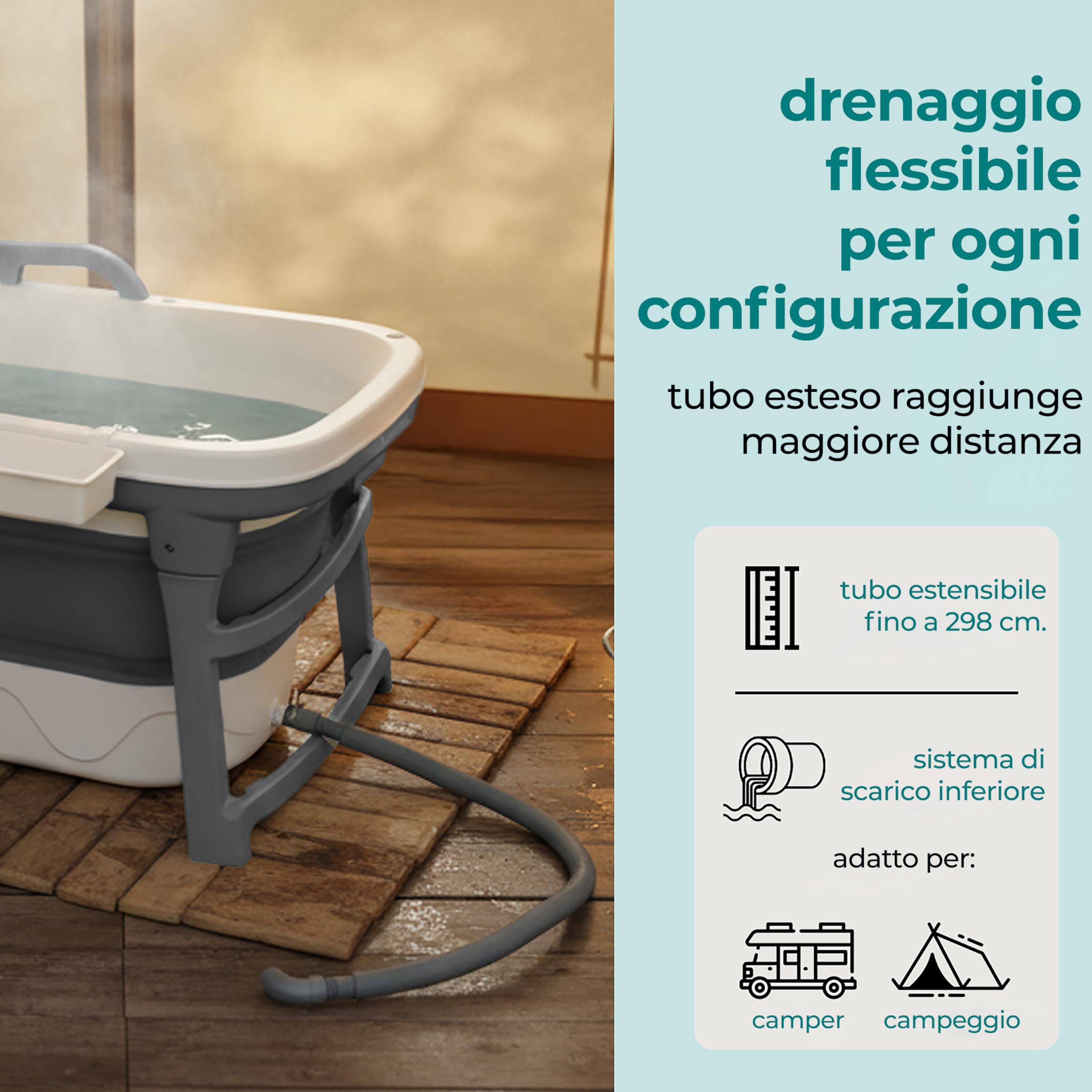 SereneLife Vasca da Bagno Portatile per Adulti, 150x60x58cm, Spa Portatile Domestica, Relax Pieghevole, Vassoio, Borsa e Tubo di Scarico, Bagno Caldo o Freddo, Antiscivolo, Leggera, Interno/Esterno