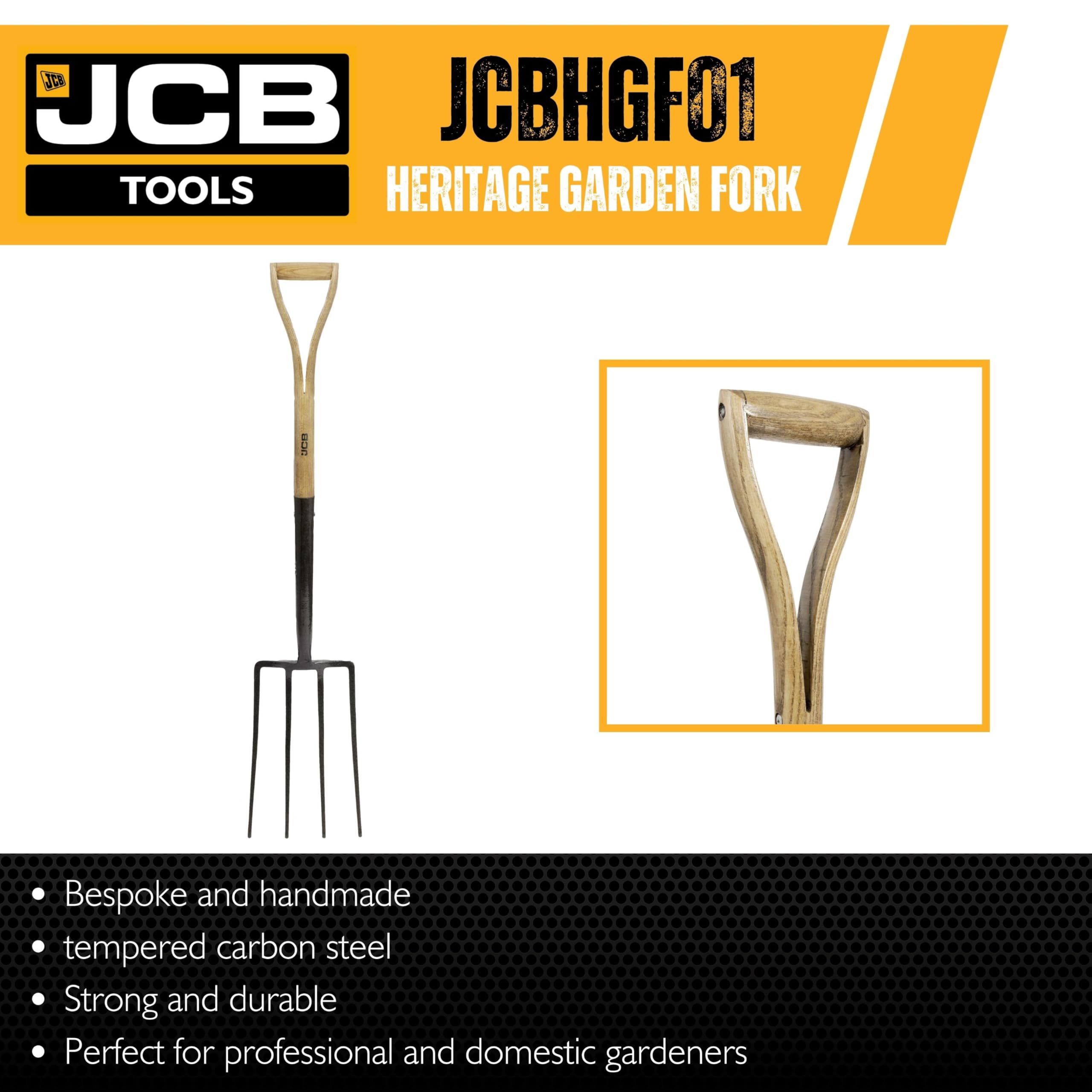 JCB Widelec ogrodowy Heritage - Wytrzymałe profesjonalne narzędzia do budowy i ogrodnictwa - Widelec do kopania do uprawy, obrzeża, przenoszenia gleby, 3 lata gwarancji standardowej