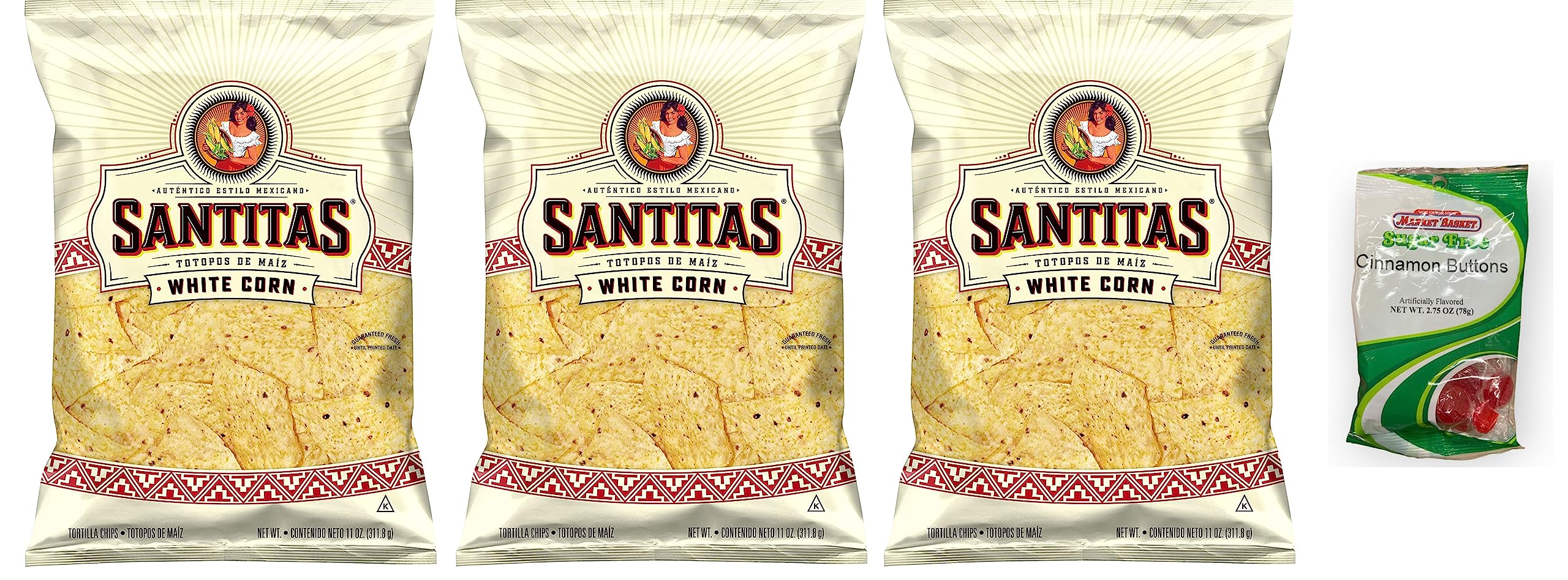 Santitas Tortilla Chips White Corn, 11 oz | Authentic Mexican style, Guaranteed fresh, Free Cholesterol (Pack of 3) + Cinnamon Buttons Market Basket 2.75oz