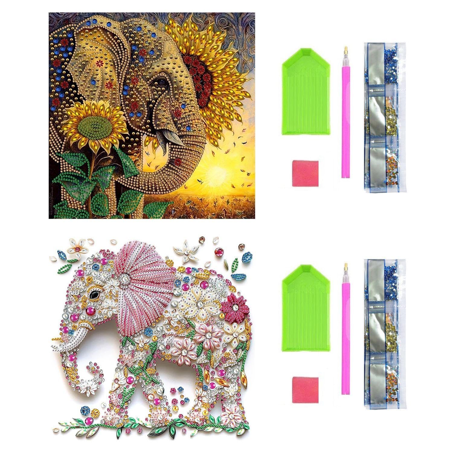 Eowvisn Color 2 Sets Of Elephant Material Packs, Crystal Sequin Collages, Elephant Theme Patterns, Handmade Diy Decorations, Creative Home Murals.