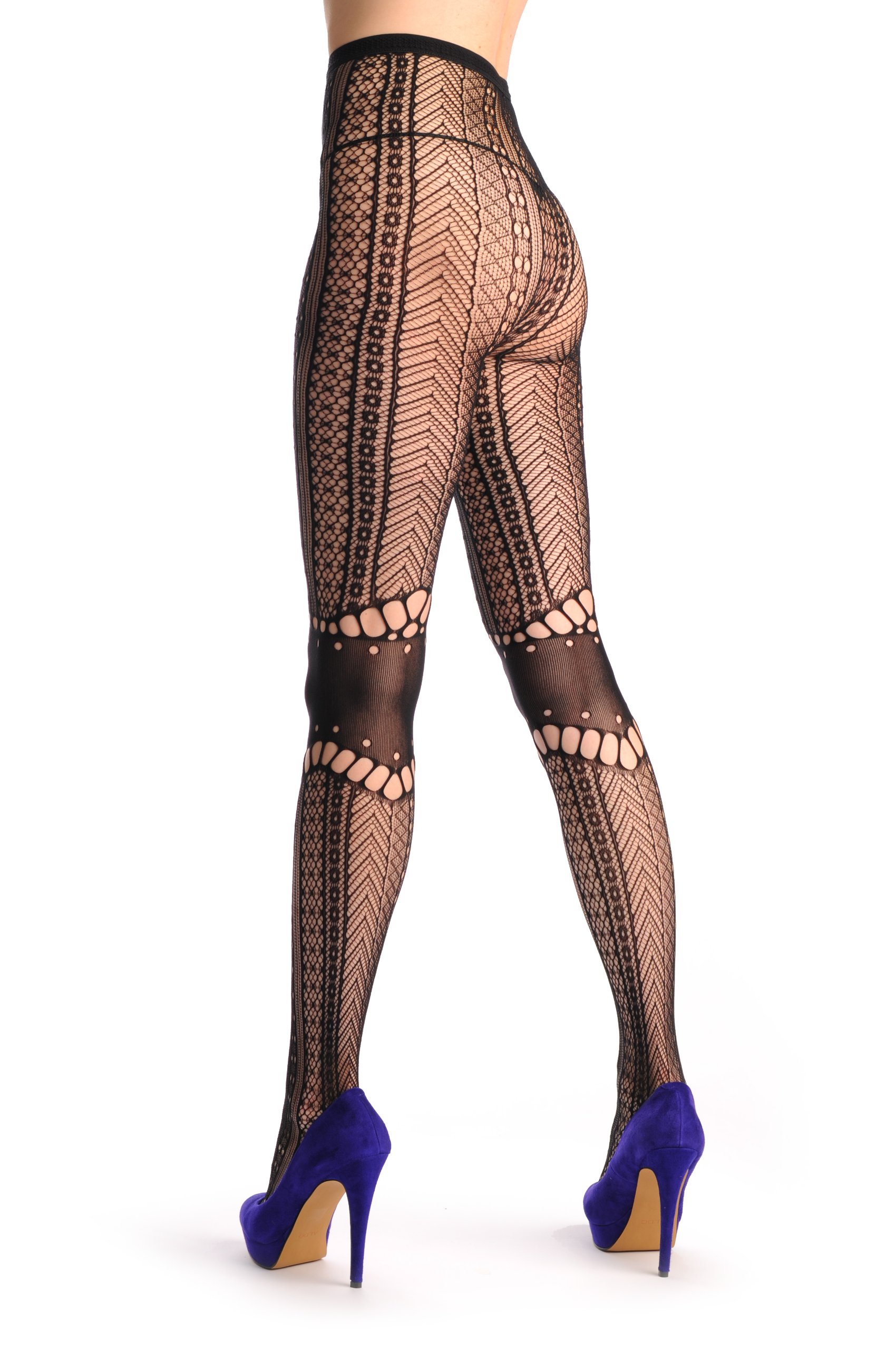 LissKiss Lace Fishnet With Opaque Knees Panels - Black Fishnet Designer Opaque Tights