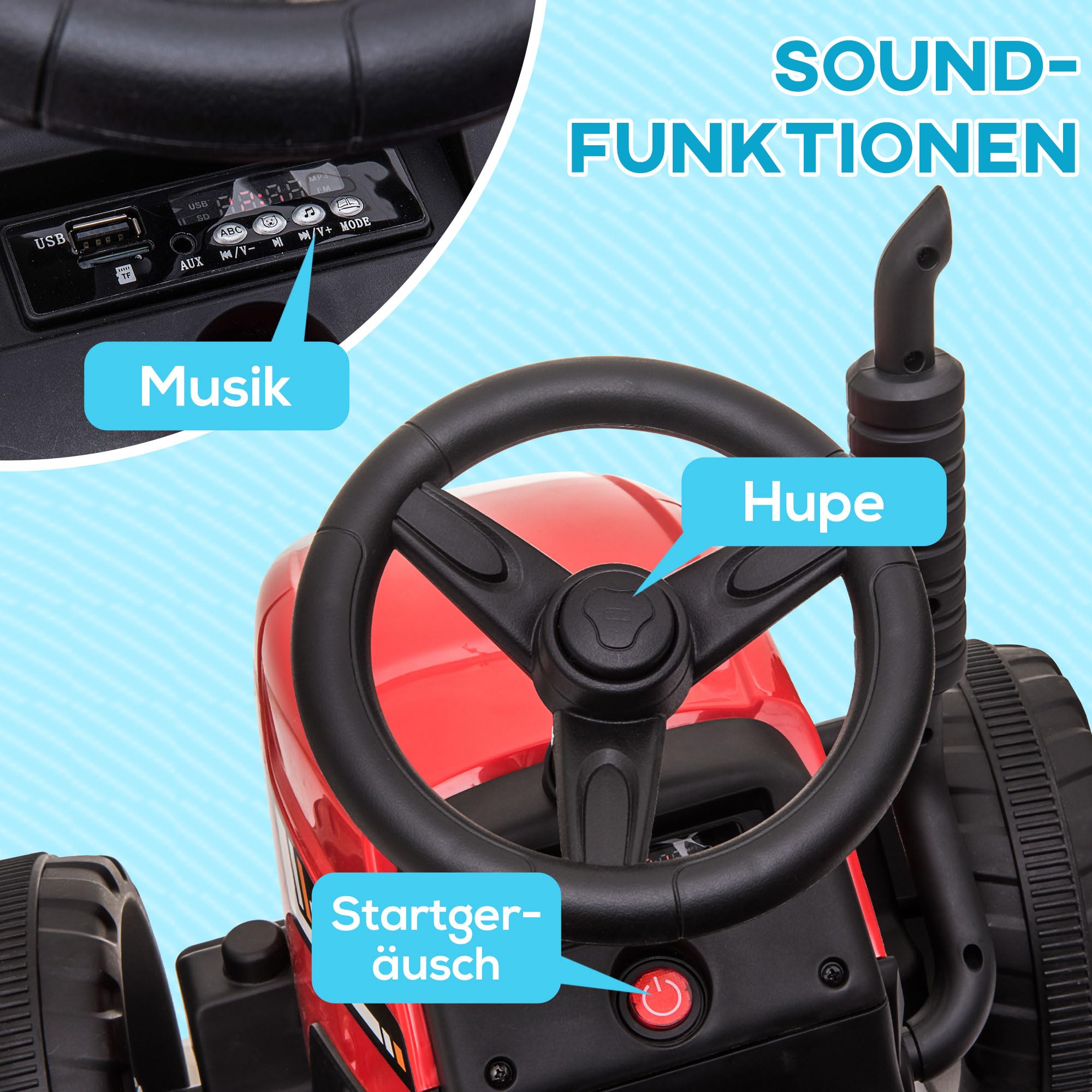 HOMCOM Elektryczny traktor z przyczepą, 2,4G pilot, 3-6 km/h, czerwony | Traktor dla dzieci, elektryczny pojazd dla dzieci z funkcją MP3, pojazd dla dzieci z reflektorem, dla wieku 3-6 lat
