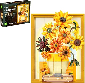 ZONECYTD Flowers Building Set Sunflower with Lights Van Gogh Wall Art Crafts for Adults, Botanical Collection Toy Building Blocks Sun Flowers Painting Frame for Office Home Table Decor -1166pcs