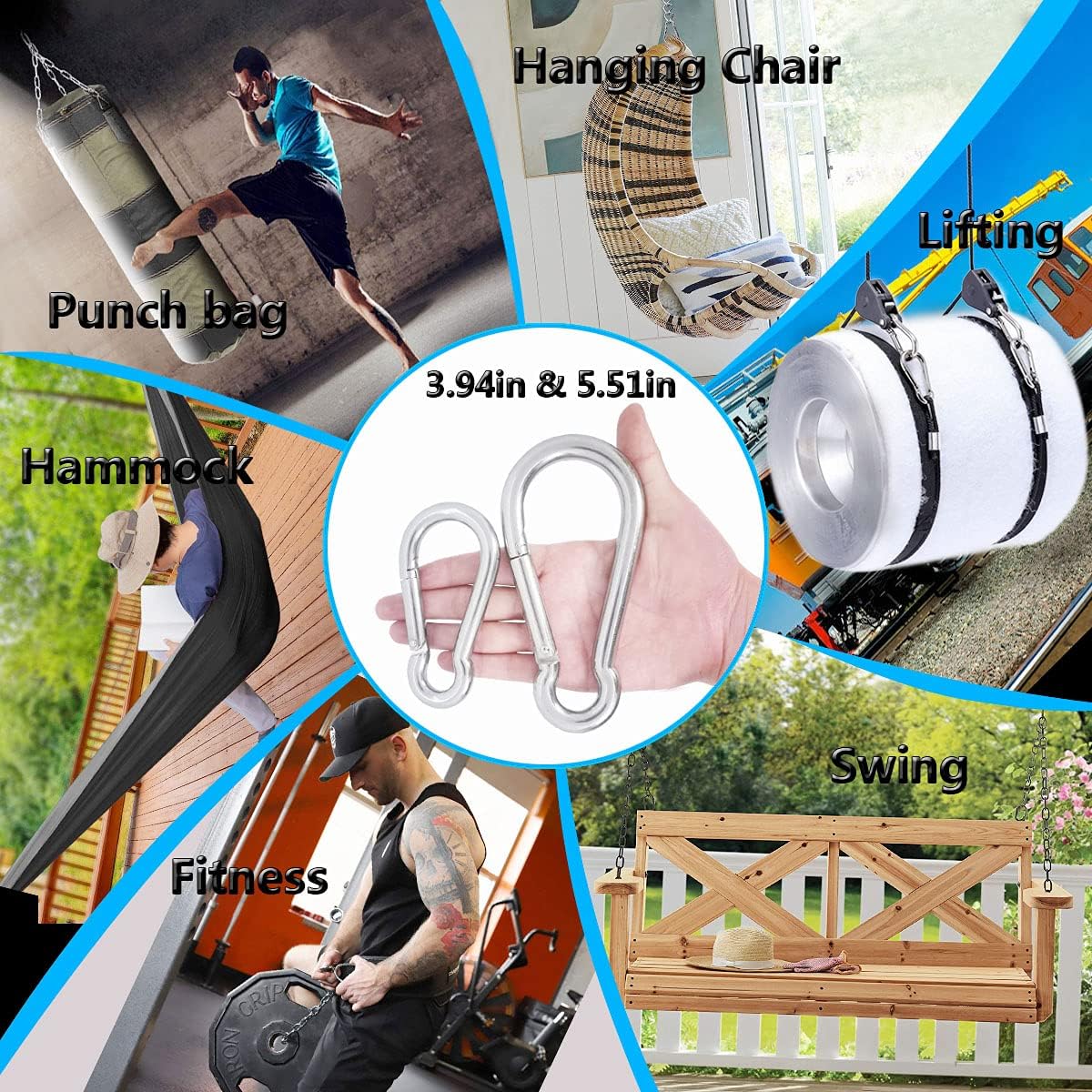 5 Inch 4 Inch Large Spring Snap Hooks, Ekunbuy Heavy Duty Rope Connector 304 Stainless Steel Hook Spring Clips Link Buckle 1/2 3/8 Clip for Hammock Swing Outdoor Travel